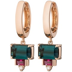 Tourmaline and Ruby Drop Hoops in Rose Gold by Selin Kent