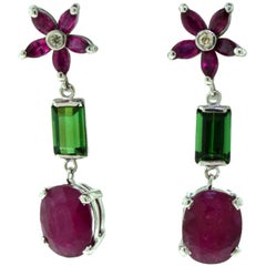 Tourmaline and Ruby Star Cluster Diamond Drop Earrings