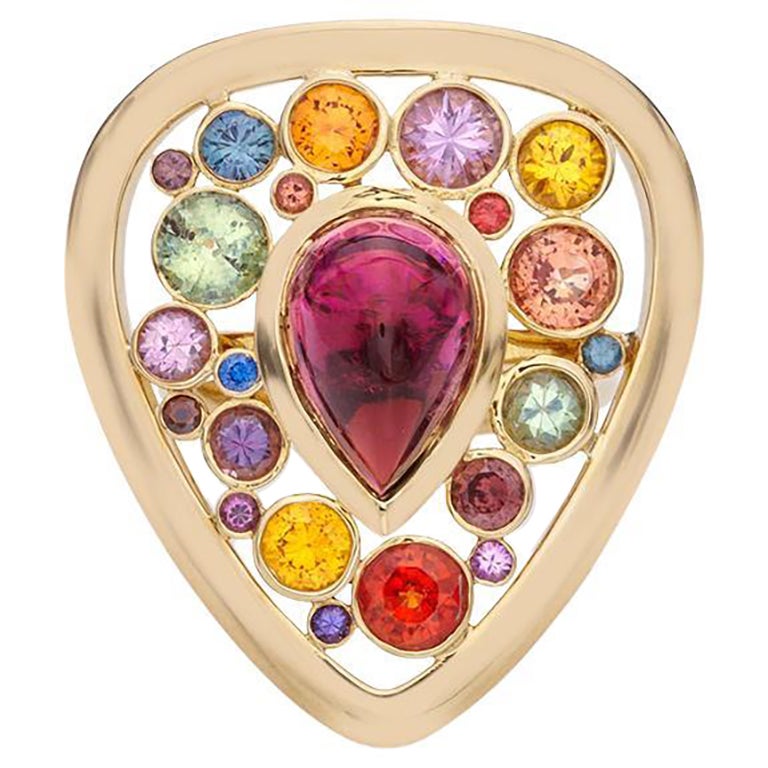 Anillo de Turmalina y Zafiro Forma de Púa de Guitarra con Caja de Música Object D'Art en venta