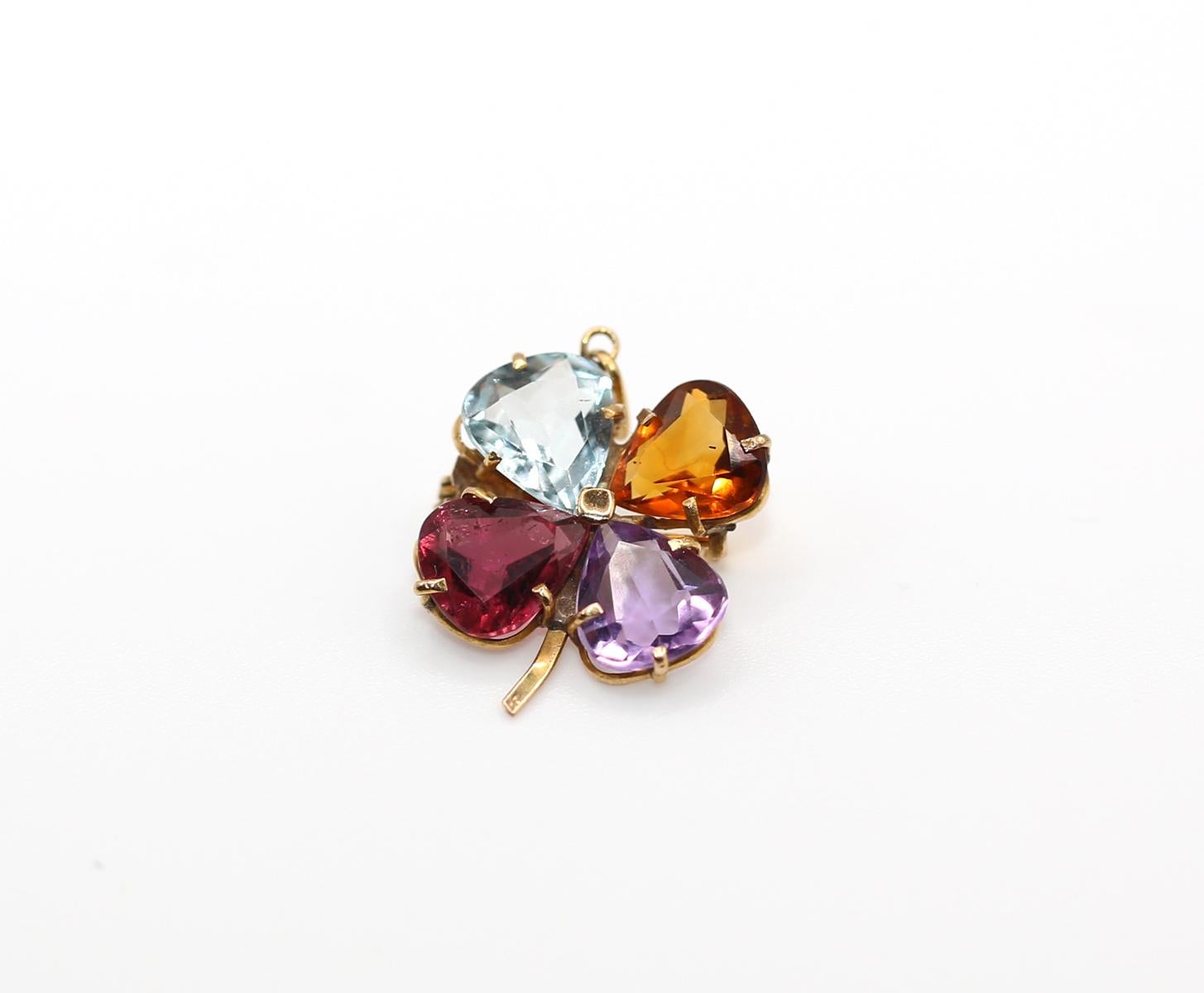 Tourmaline Aigue-marine Améthyste Gemset Trèfle à feuilles Pendentif Broche, 1970 Bon état - En vente à Herzelia, Tel Aviv