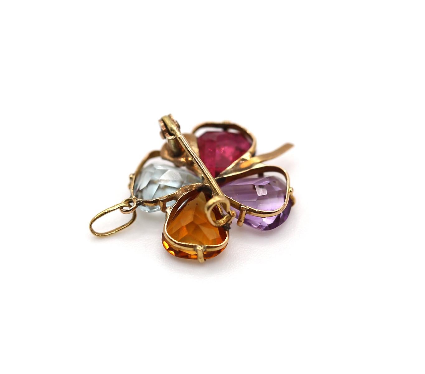 Tourmaline Aigue-marine Améthyste Gemset Trèfle à feuilles Pendentif Broche, 1970 en vente 3