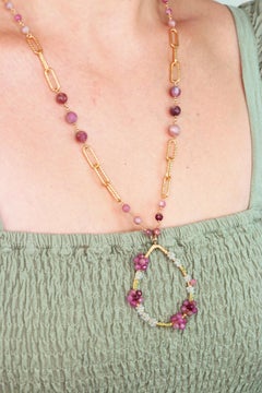 Tourmaline, Aquamarine, Peridot Gemstone Necklace & Wire Wrapped Floral Pendant