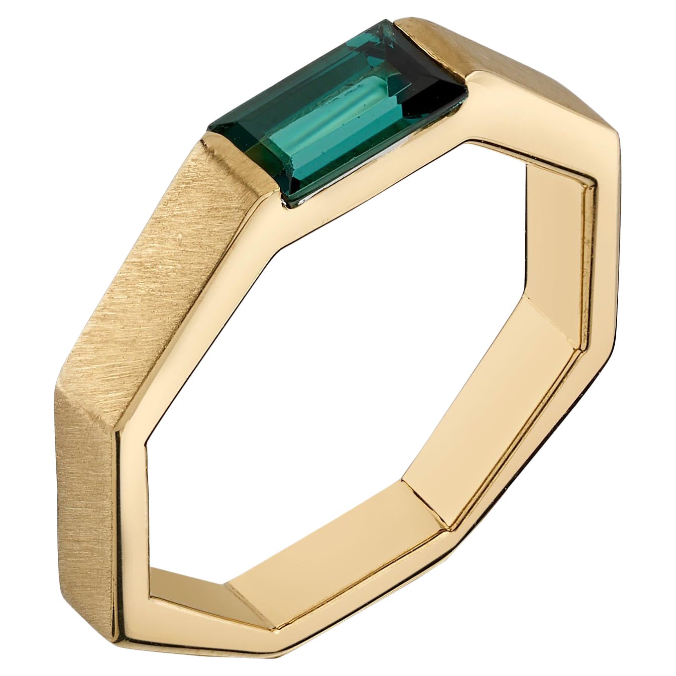 Tourmaline Baguette Solitaire Octagonal Ring 18k Yellow Gold Band en venta