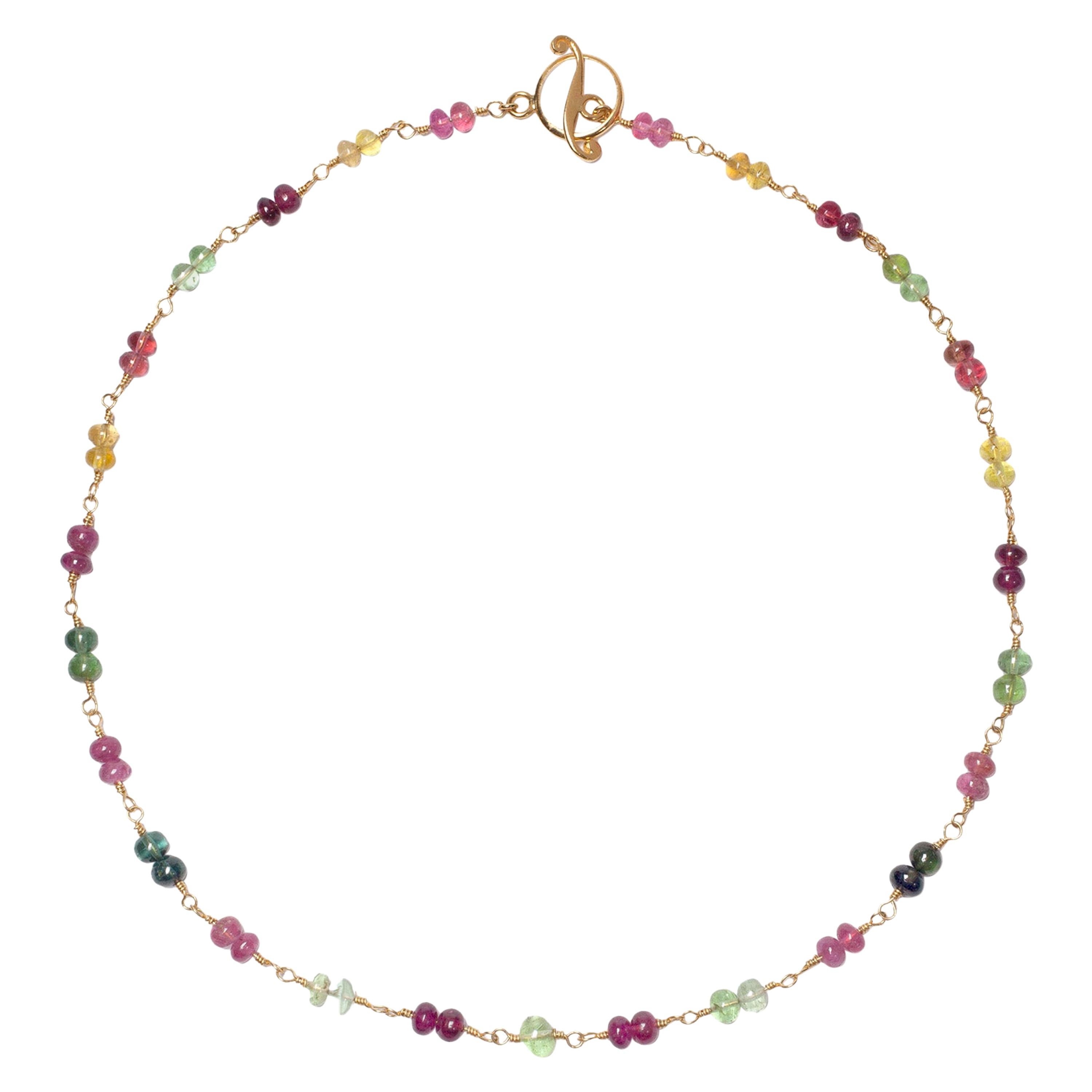 Tourmaline Bead Wire-Wrap Gold Necklace For Sale