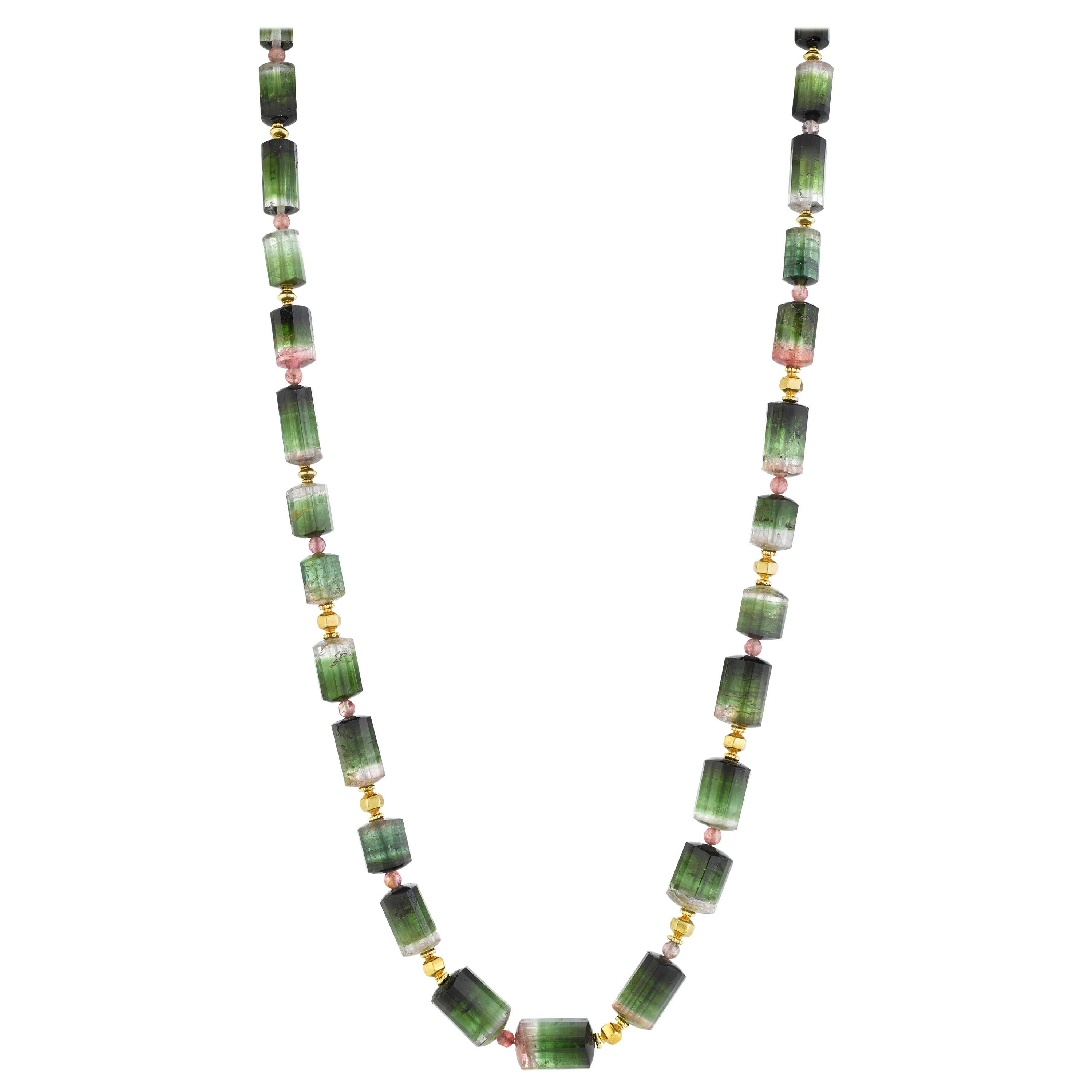 Bi-colored Green, Pink Tourmaline Beaded Station Necklace w/ Yellow Gold Accents