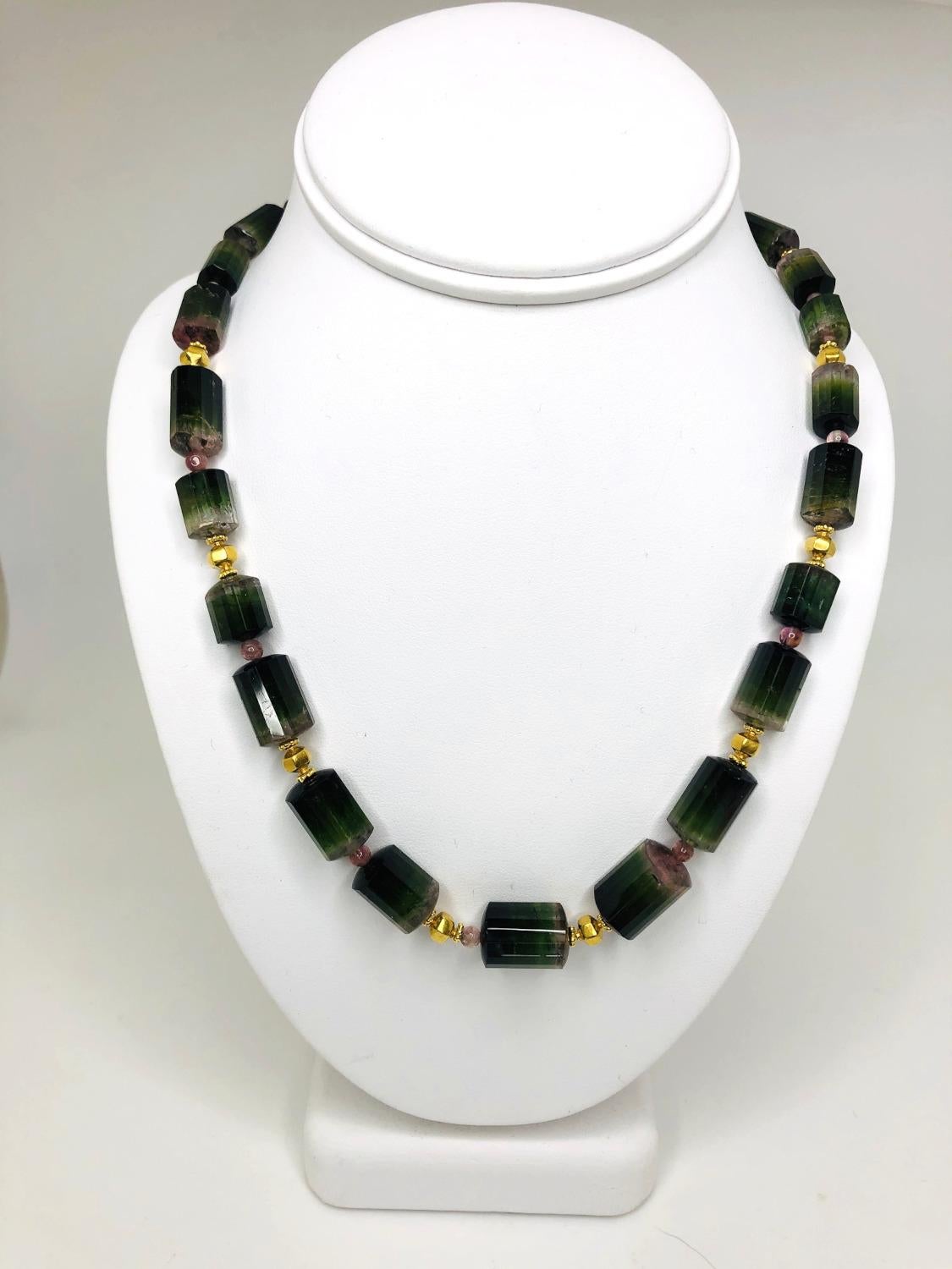 Bicolored Green, Pink Tourmaline Beaded Station Necklace w/ Yellow Gold Accents For Sale at