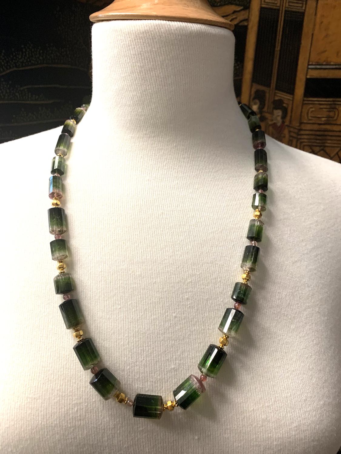 Artisan Bi-colored Green, Pink Tourmaline Beaded Station Necklace w/ Yellow Gold Accents