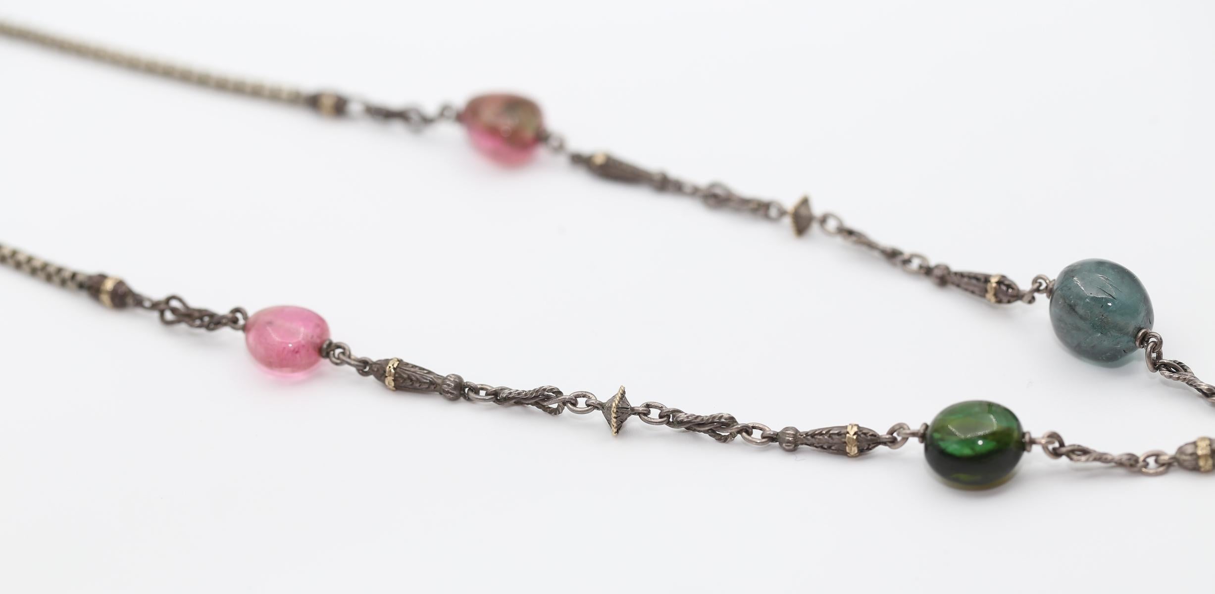 Turmalin Perlen Silber und Gold Halskette, 1960  für Damen oder Herren im Angebot