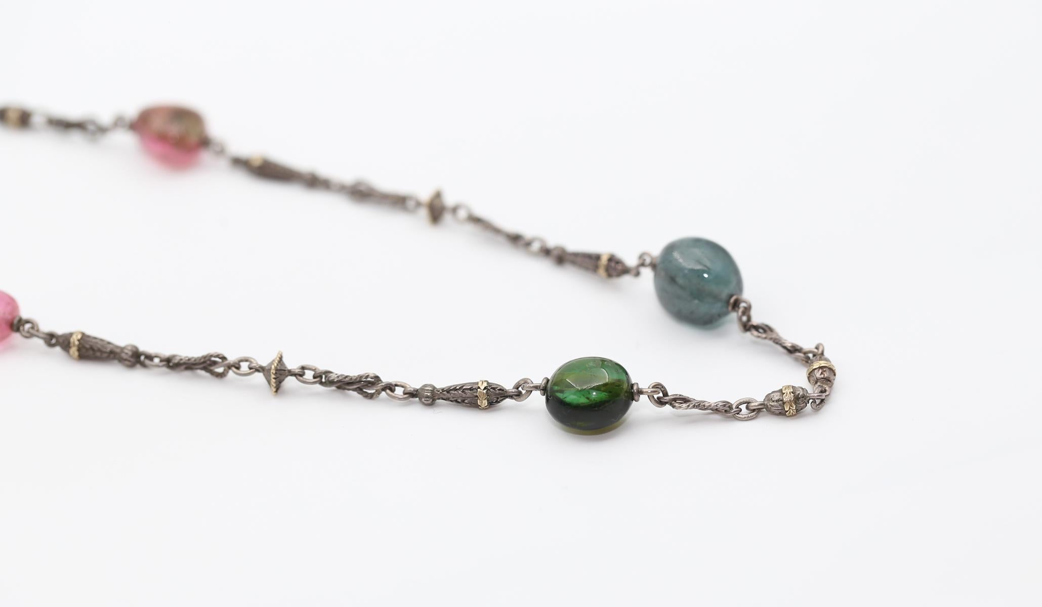 Turmalin Perlen Silber und Gold Halskette, 1960  im Angebot 1