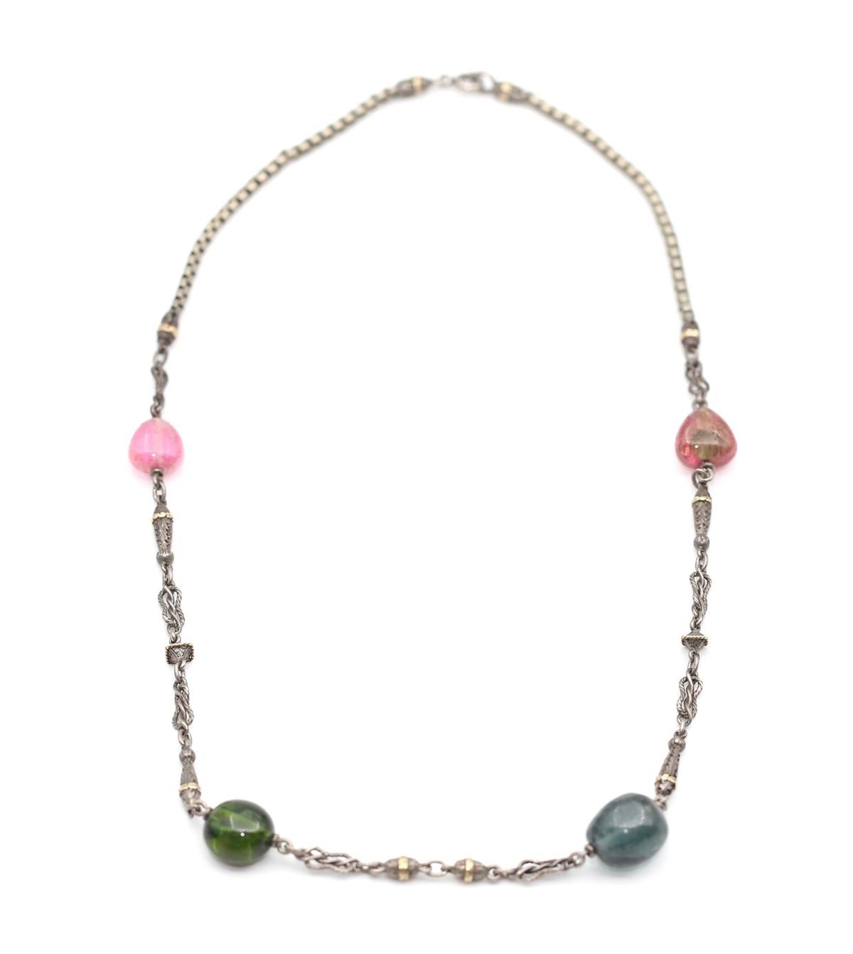 Turmalin Perlen Silber und Gold Halskette, 1960  im Angebot 2