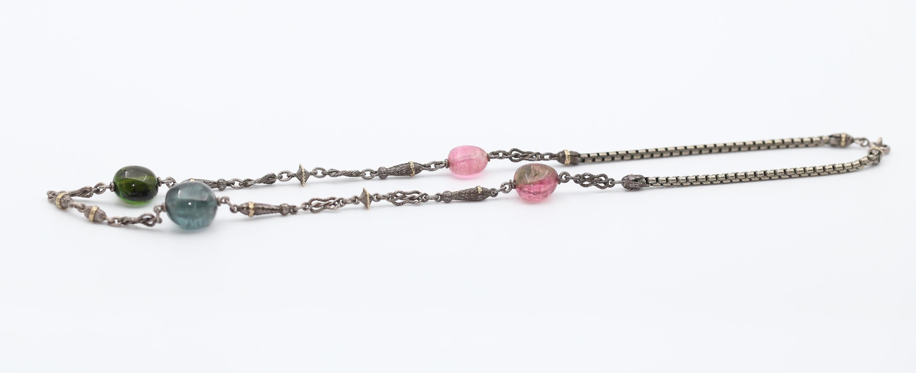 Tourmaline Beads Silver and Gold Necklace, 1960  For Sale 3