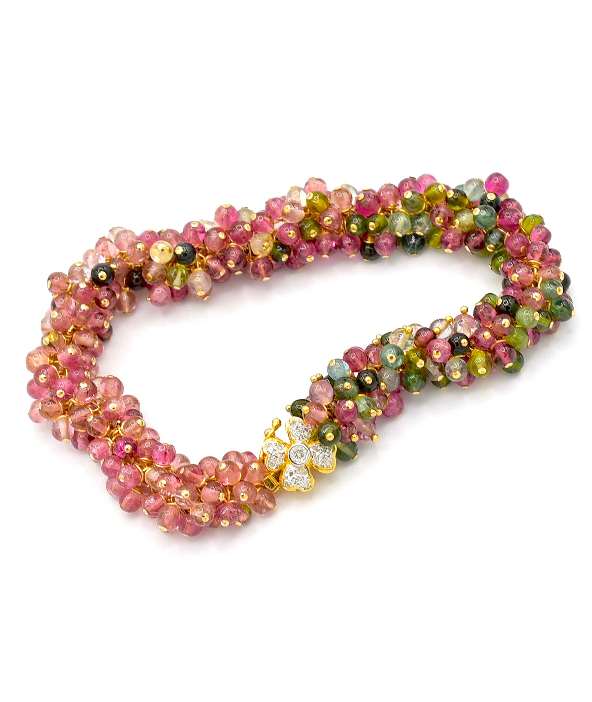 Women's Tourmaline Beads with 14K Solid Yellow Gold Diamond Floral Clasp Bracelet