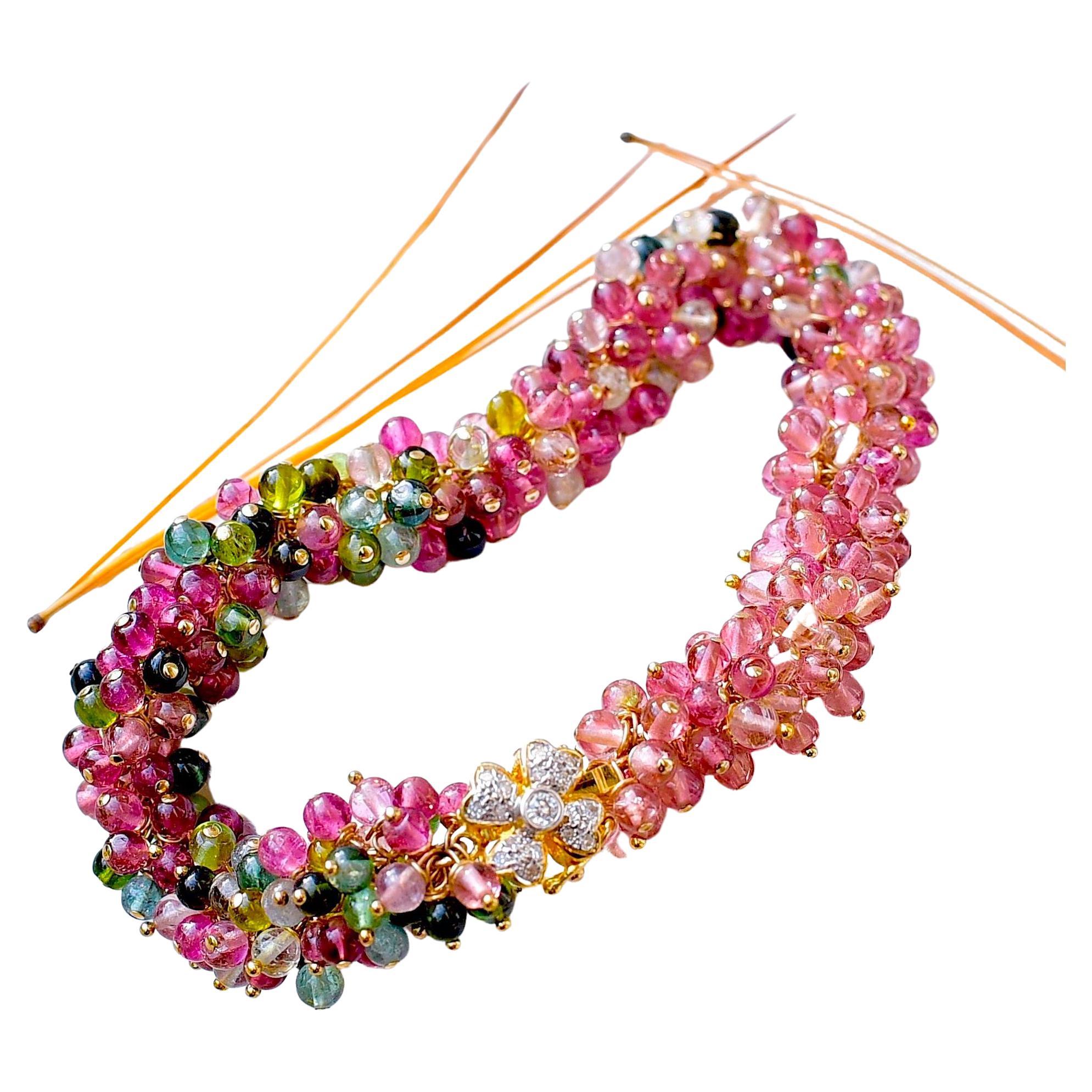 Tourmaline Beads with 14K Solid Yellow Gold Diamond Floral Clasp Bracelet In New Condition In Astoria, NY