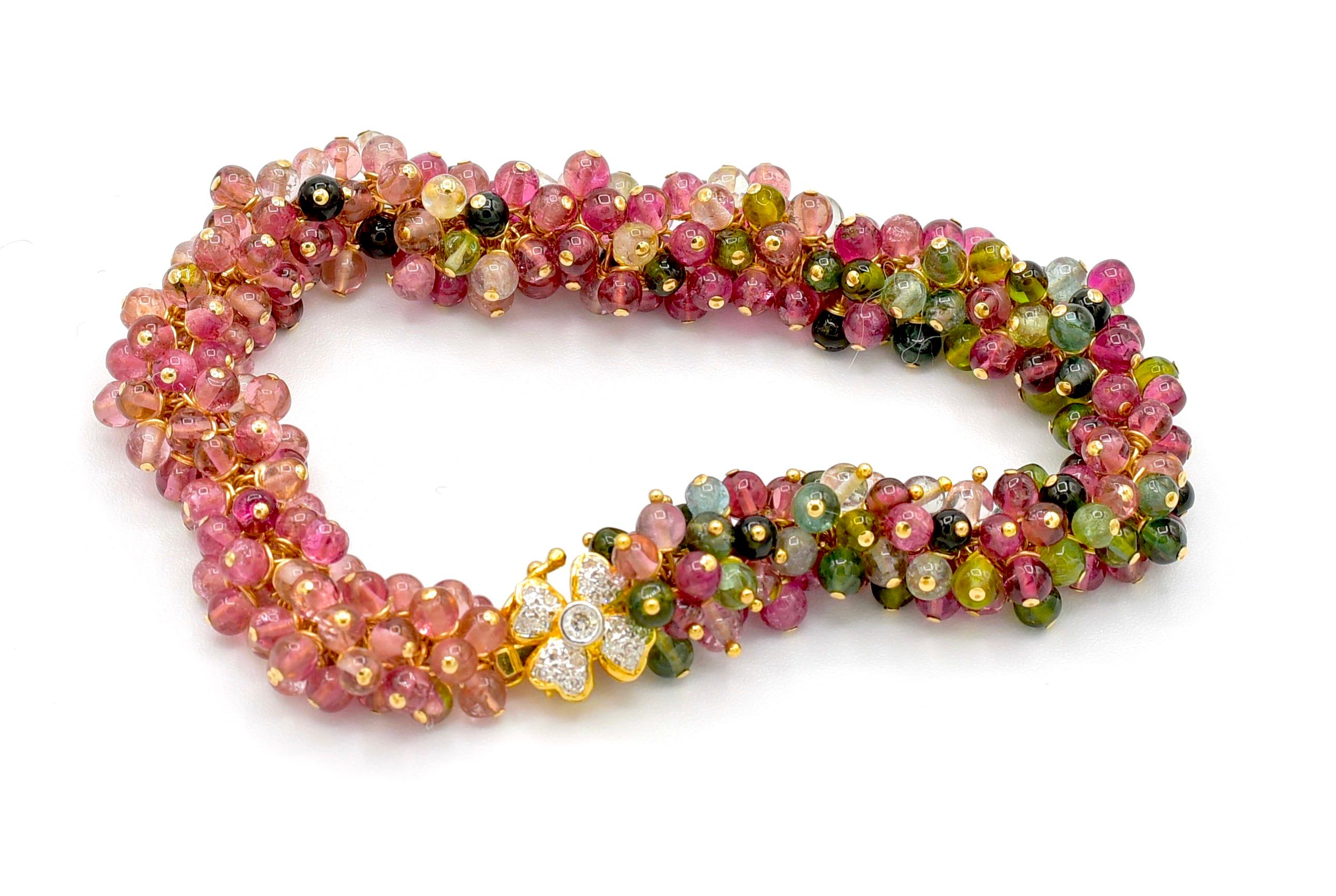 Tourmaline Beads with 14K Solid Yellow Gold Diamond Floral Clasp Bracelet 1