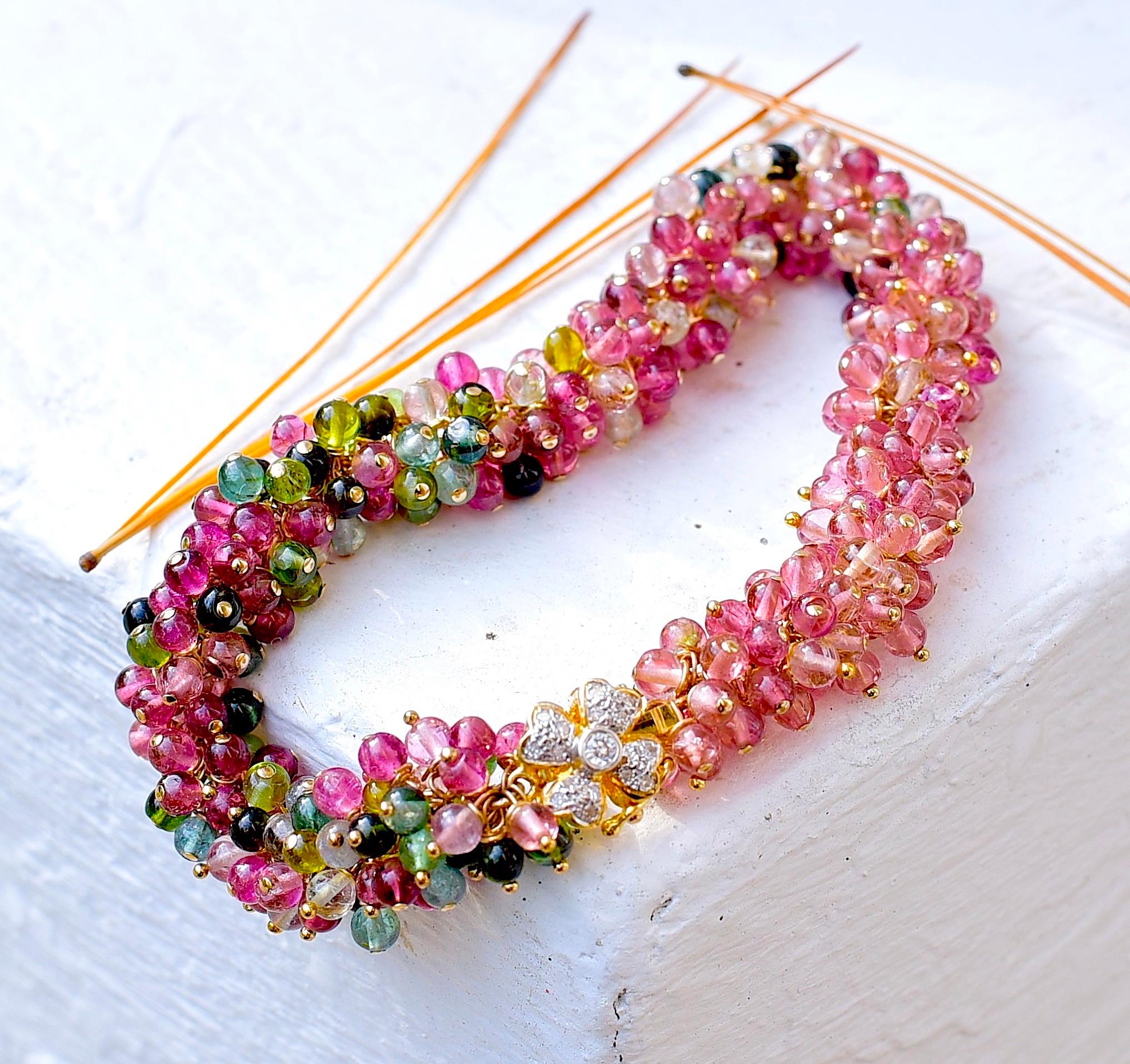 Artisan Tourmaline Beads with 14K Solid Yellow Gold Diamond Floral Clasp Bracelet