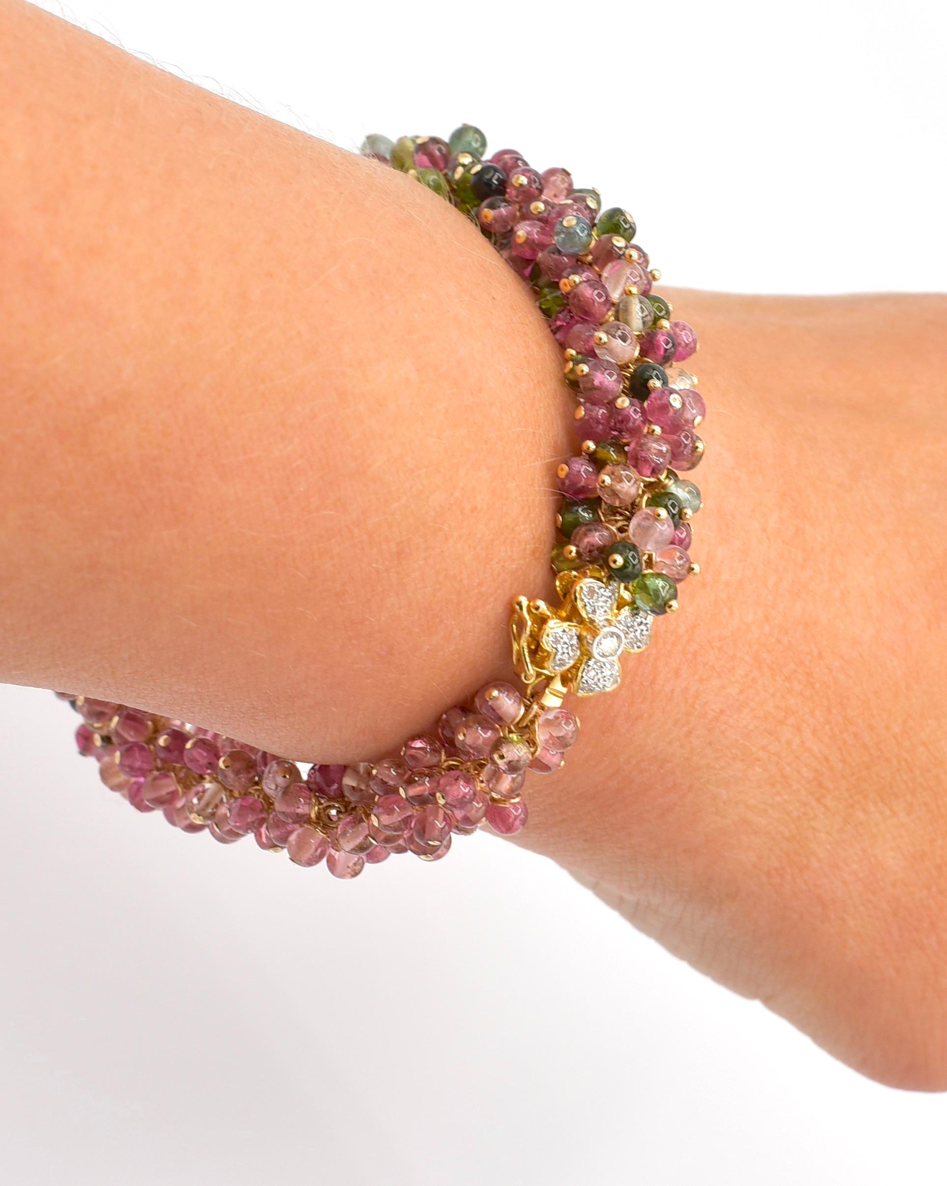 Tourmaline Beads with 14K Solid Yellow Gold Diamond Floral Clasp Bracelet 2
