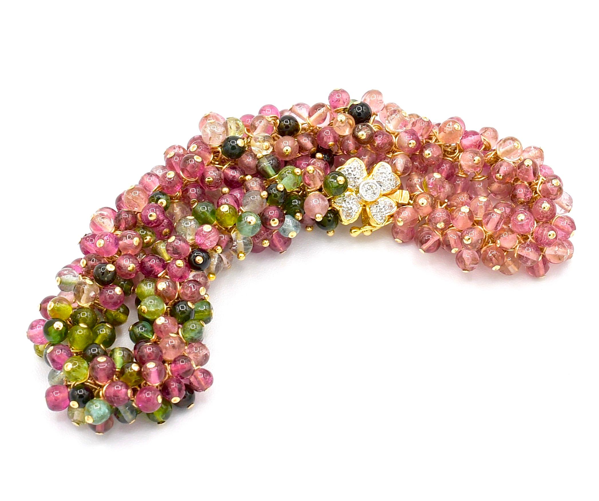 Tourmaline Beads with 14K Solid Yellow Gold Diamond Floral Clasp Bracelet 3