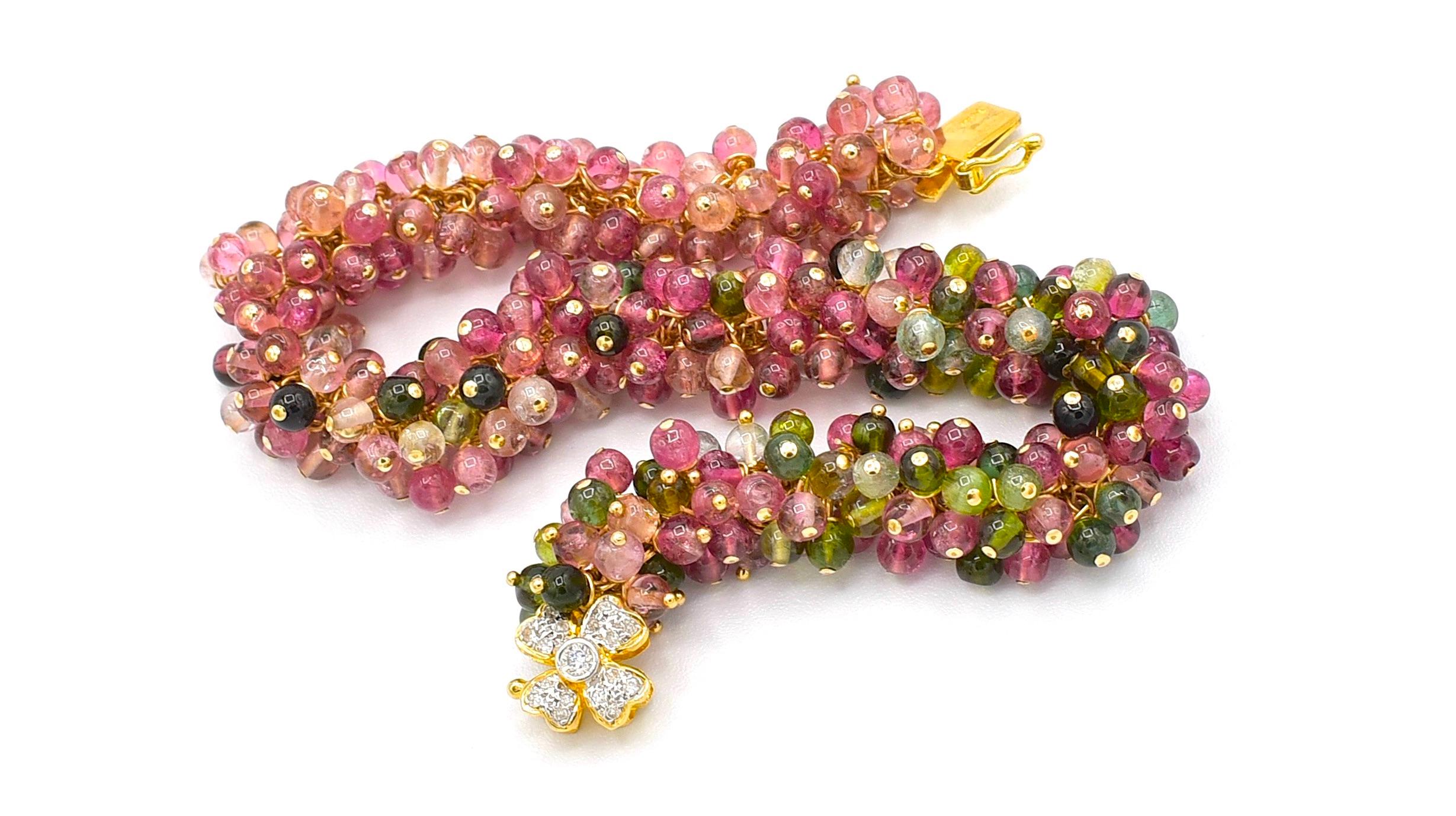 Tourmaline Beads with 14K Solid Yellow Gold Diamond Floral Clasp Bracelet 4