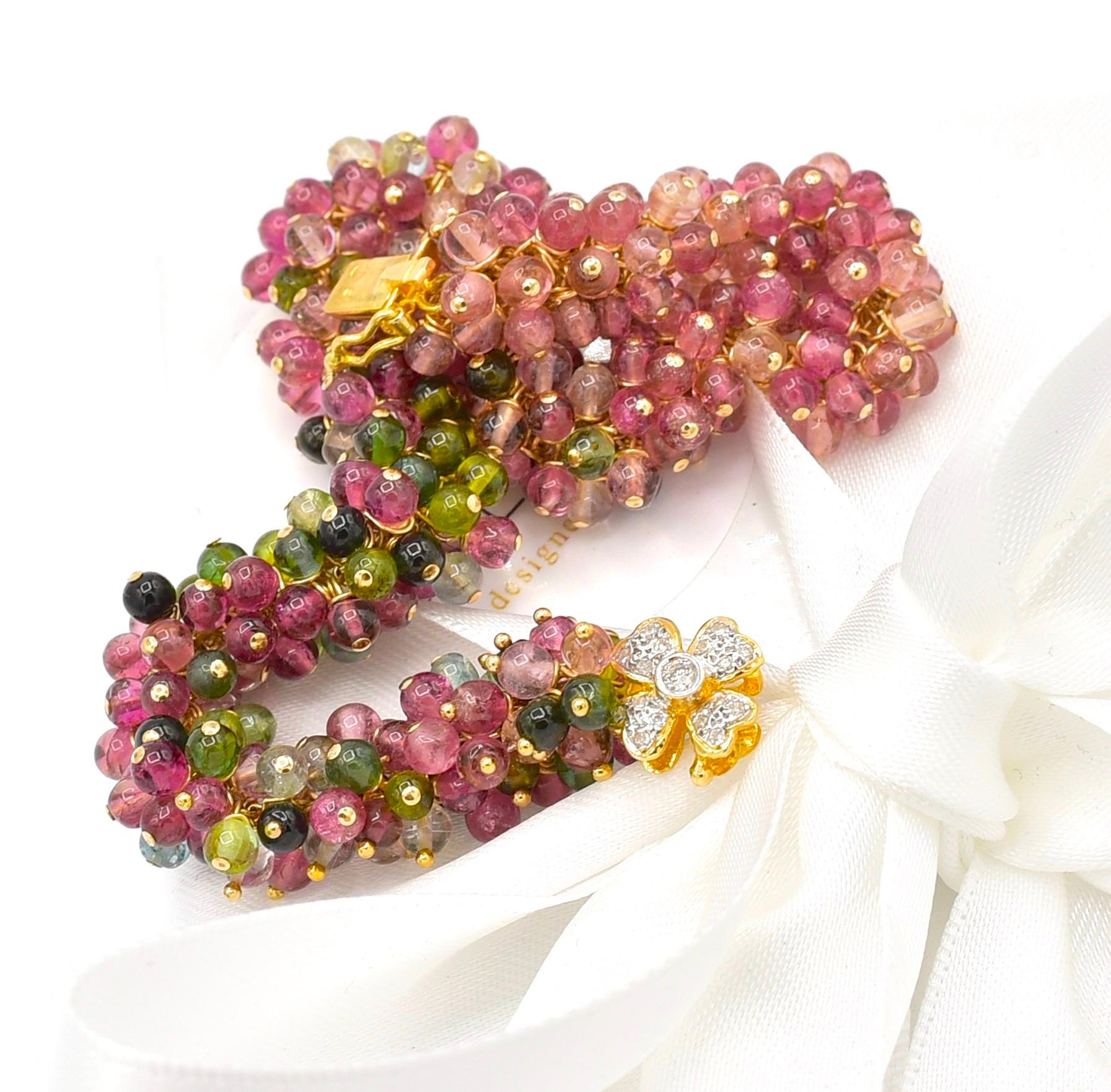 Tourmaline Beads with 14K Solid Yellow Gold Diamond Floral Clasp Bracelet 5