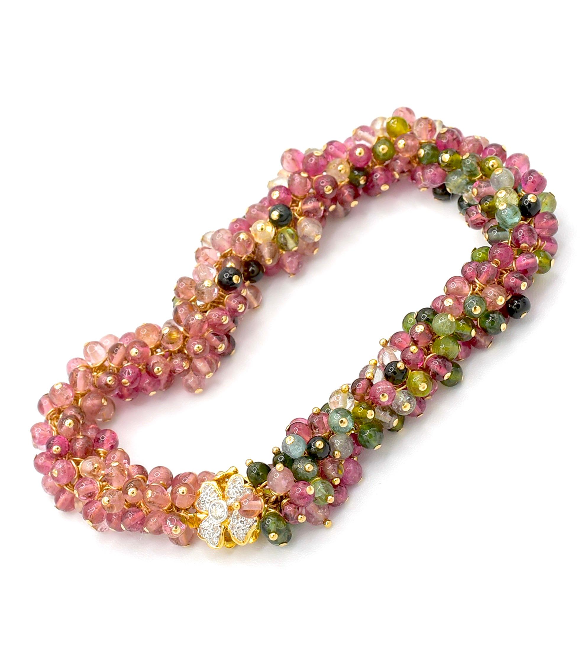 Tourmaline Beads with 14K Solid Yellow Gold Diamond Floral Clasp Bracelet 6