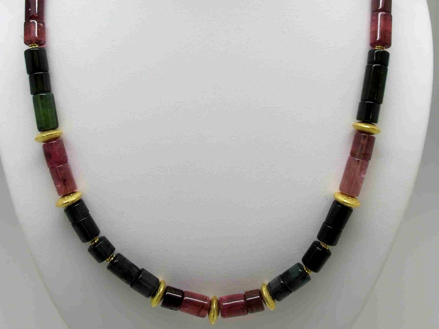 Tourmaline Beads with 18 Karat and 14 Karat Yellow Gold Spacers Necklace In New Condition In Los Angeles, CA