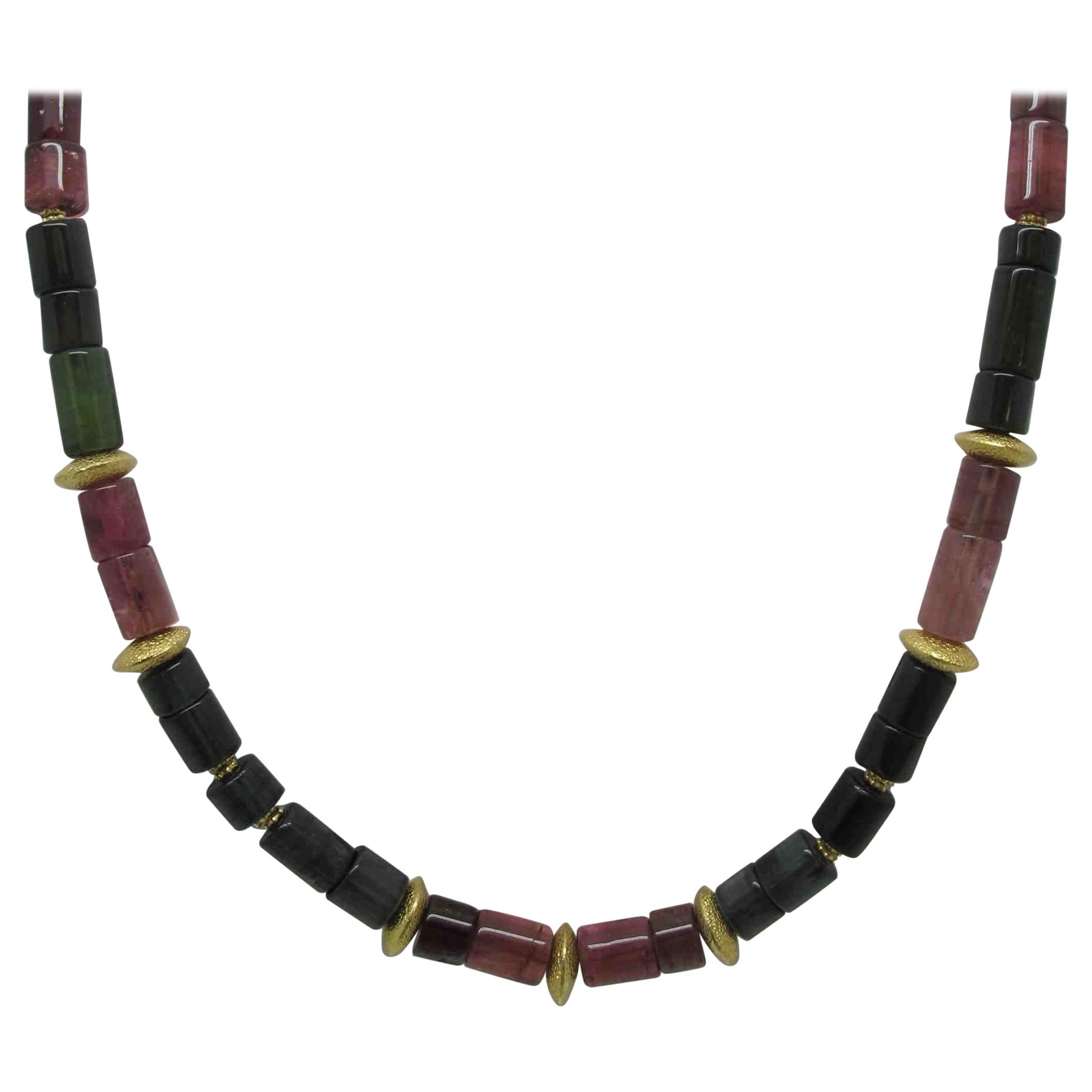 Tourmaline Beads with 18 Karat and 14 Karat Yellow Gold Spacers Necklace