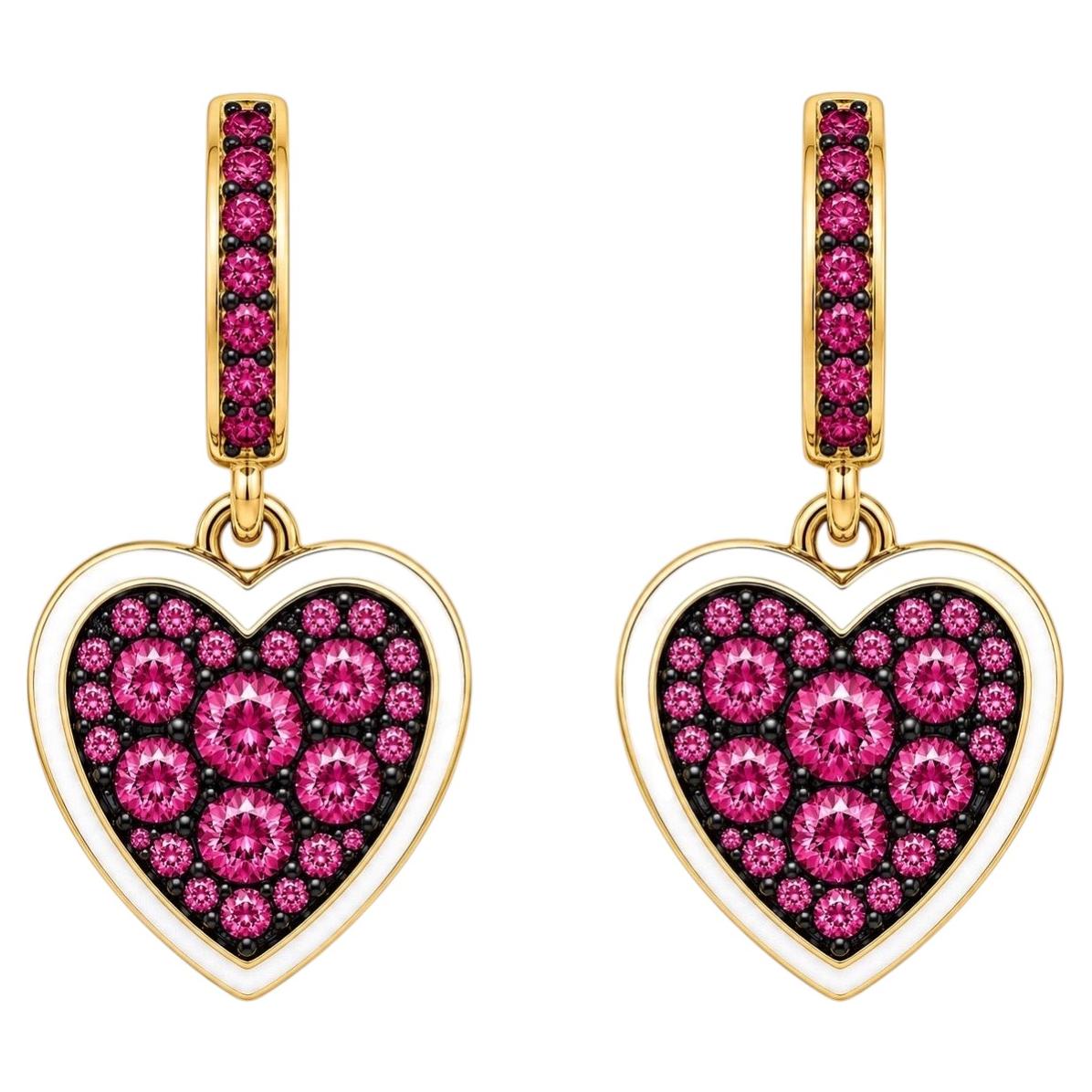Boucles d'oreilles en forme de cœur avec tourmaline (pierre de naissance), émail blanc, or 14 carats, par Meghna Jewels