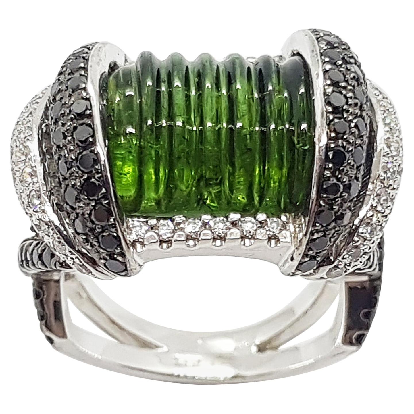 Tourmaline, Black Diamond and Diamond Ring Set in 18 Karat White Gold Settings For Sale