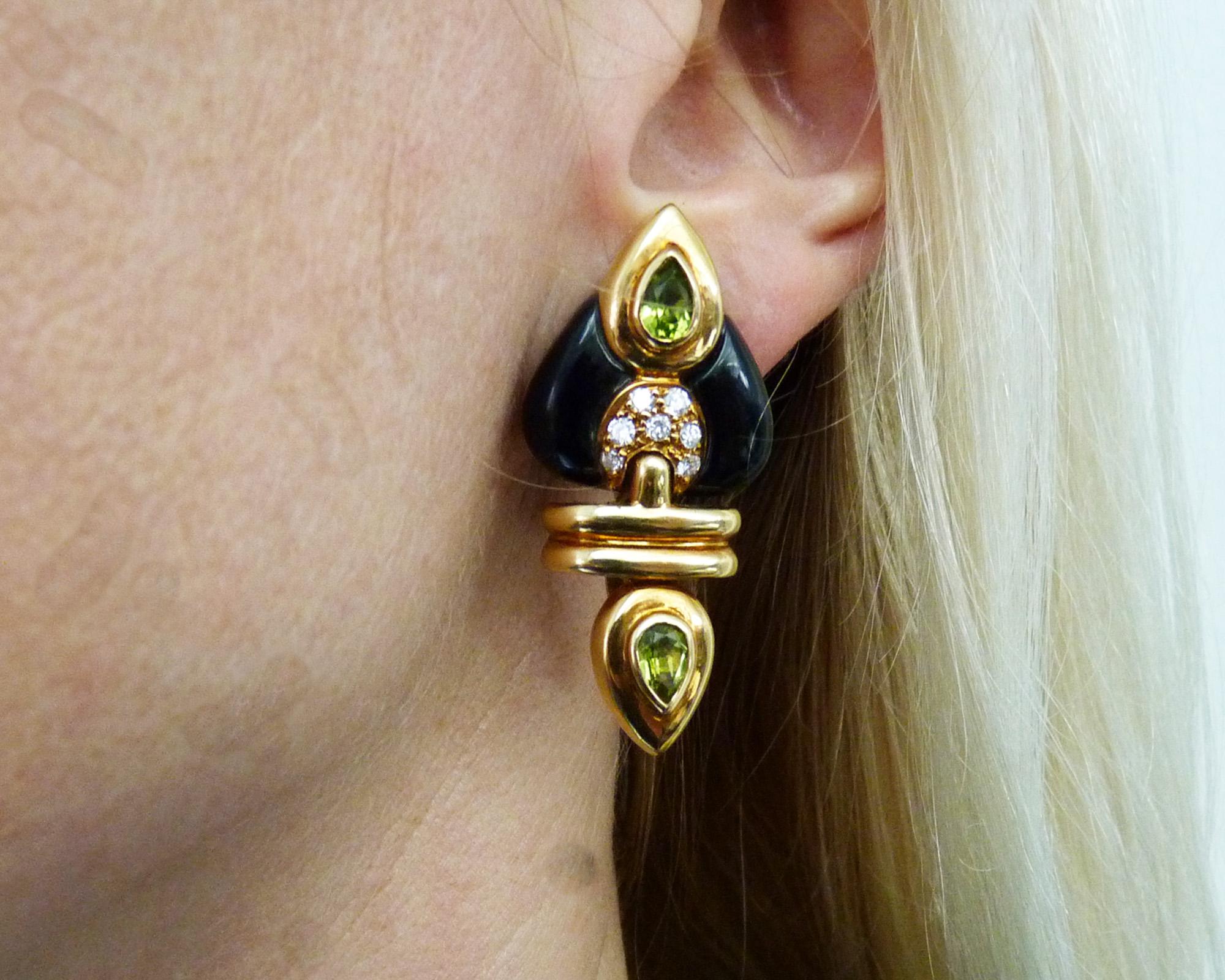 Women's Tourmaline Black Onyx Diamond 18K Yellow Gold Earrings