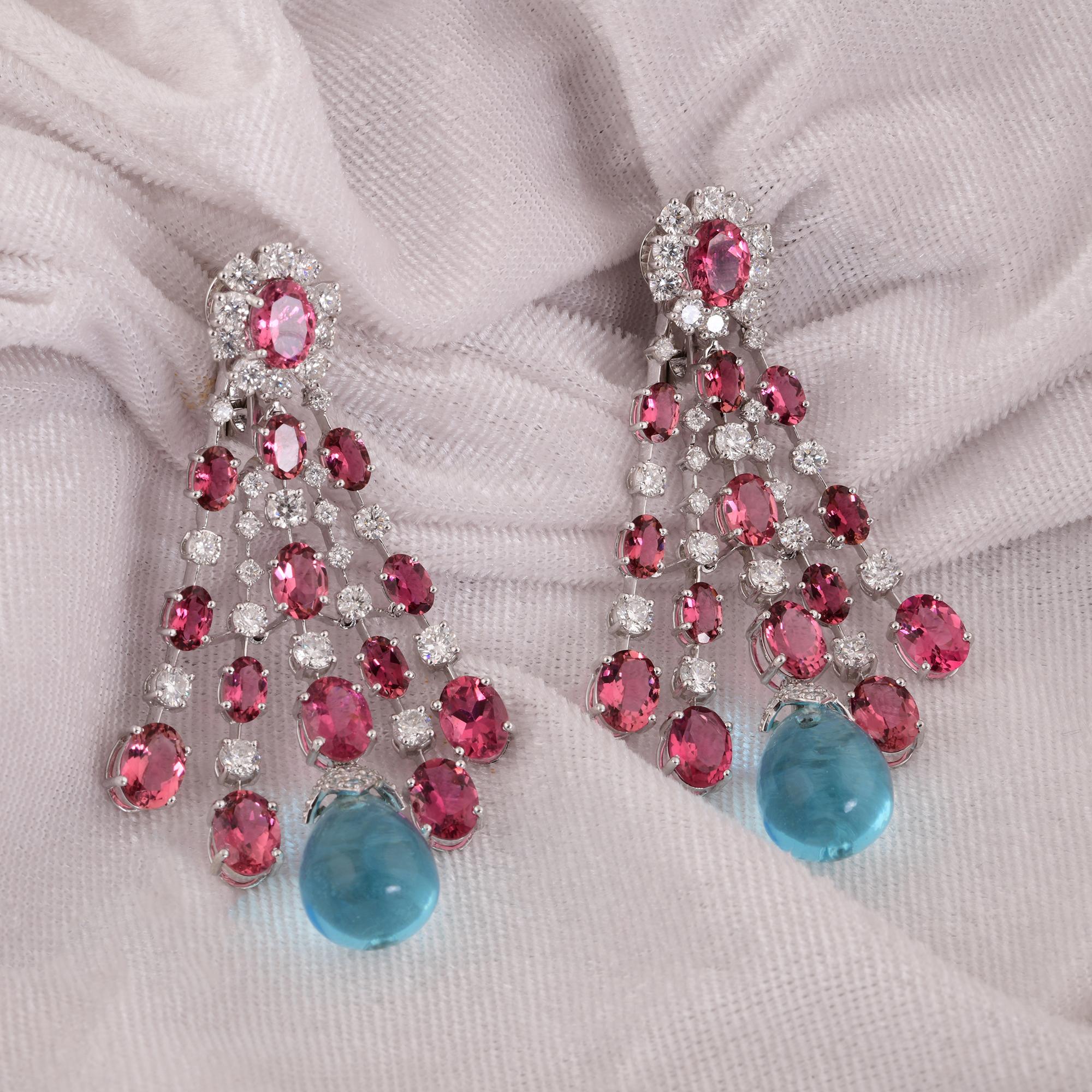Modern Tourmaline Blue Topaz Dangle Earrings Diamond 14 Karat White Gold Fine Jewelry For Sale