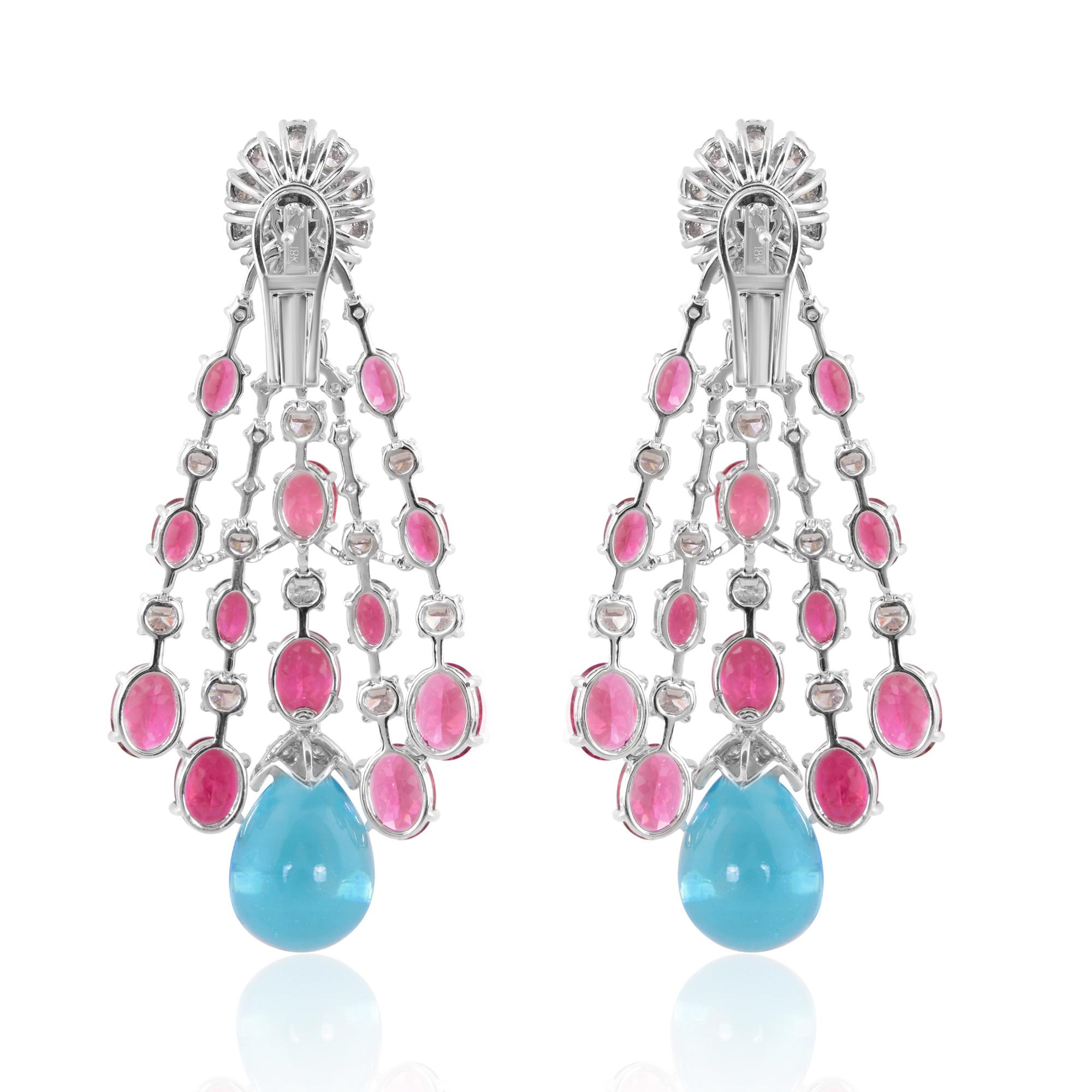 Women's Tourmaline Blue Topaz Dangle Earrings Diamond 14 Karat White Gold Fine Jewelry For Sale