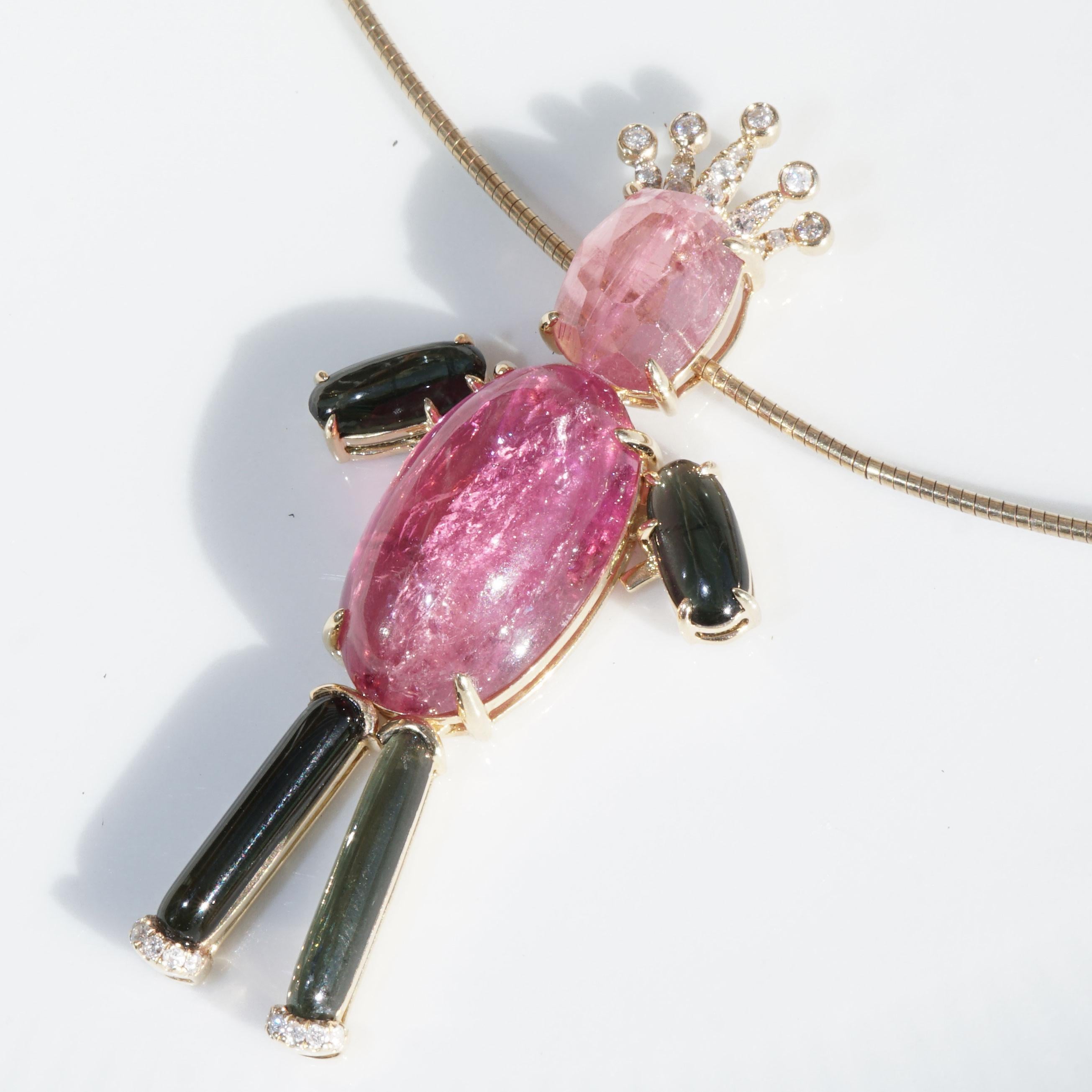 Cabochon Tourmaline Brilliant Pendant PRINCE 20 ct 0.18 ct moveable and so funny 54x27 mm For Sale
