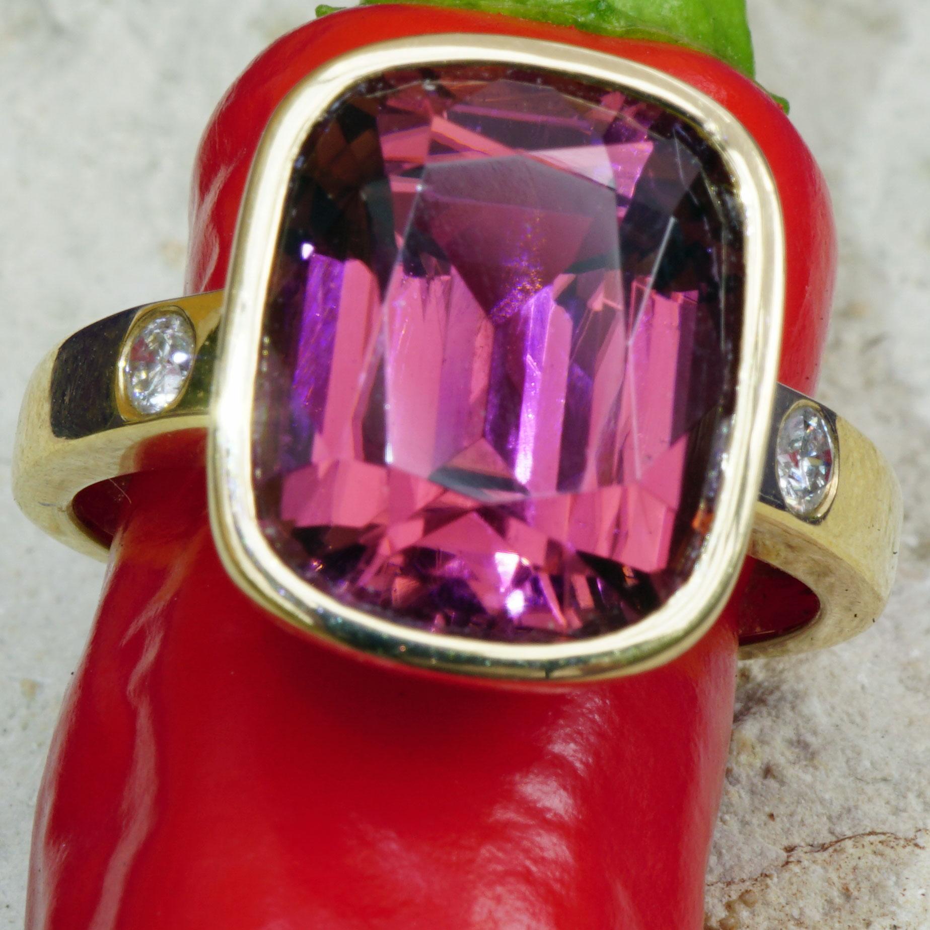 Brilliant Cut Tourmaline Brilliant Ring Exceptional Color 18kt Gold Electric Pink Kunar Mine