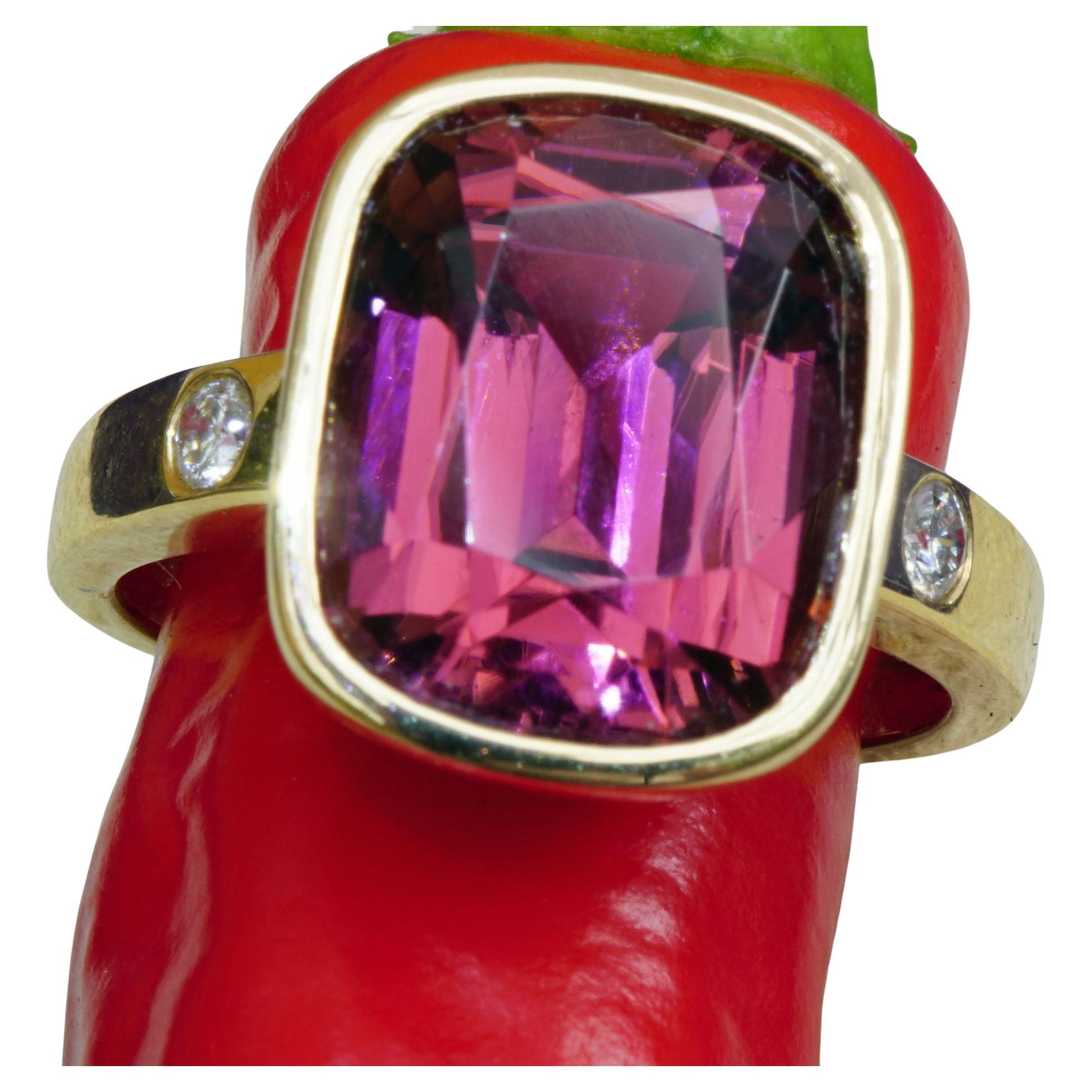 Tourmaline Brilliant Ring Exceptional Color 18kt Gold Electric Pink Kunar Mine