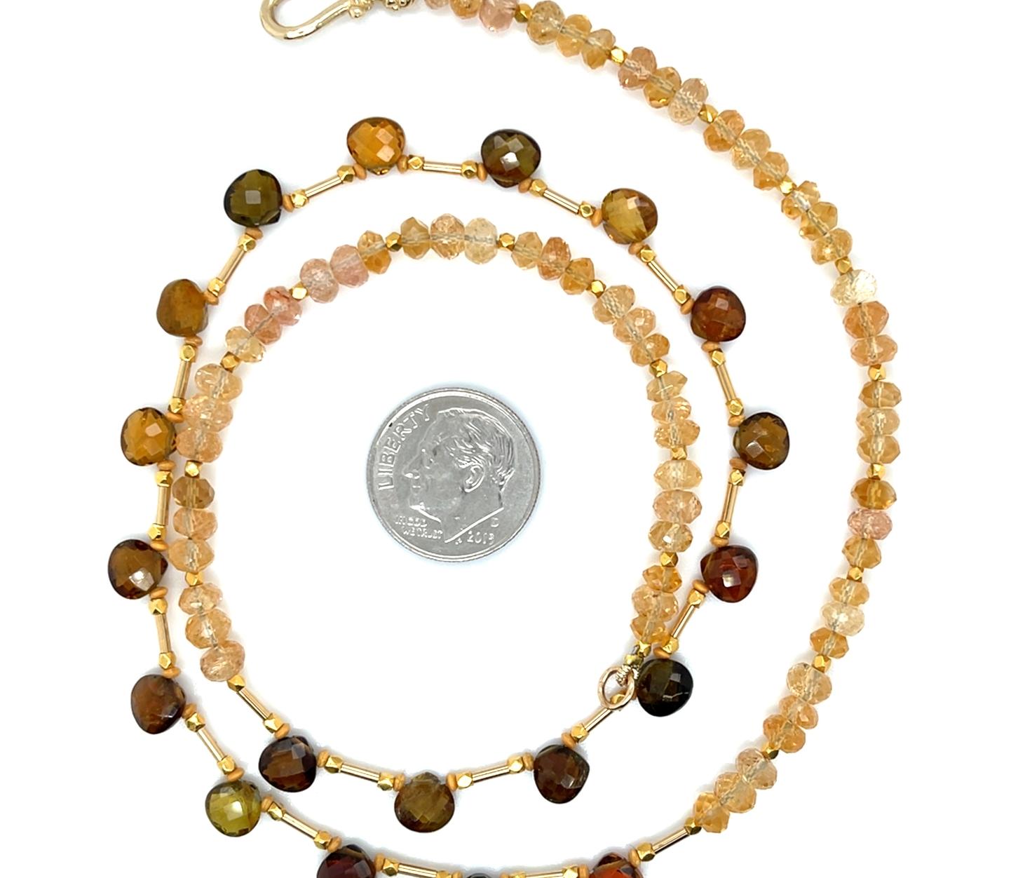 Collana con briolette di tormalina e perline di citrino con accenti in oro giallo, 18