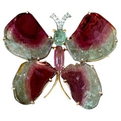 Tourmaline Butterfly 14 Karat White and Yellow Gold Brooch