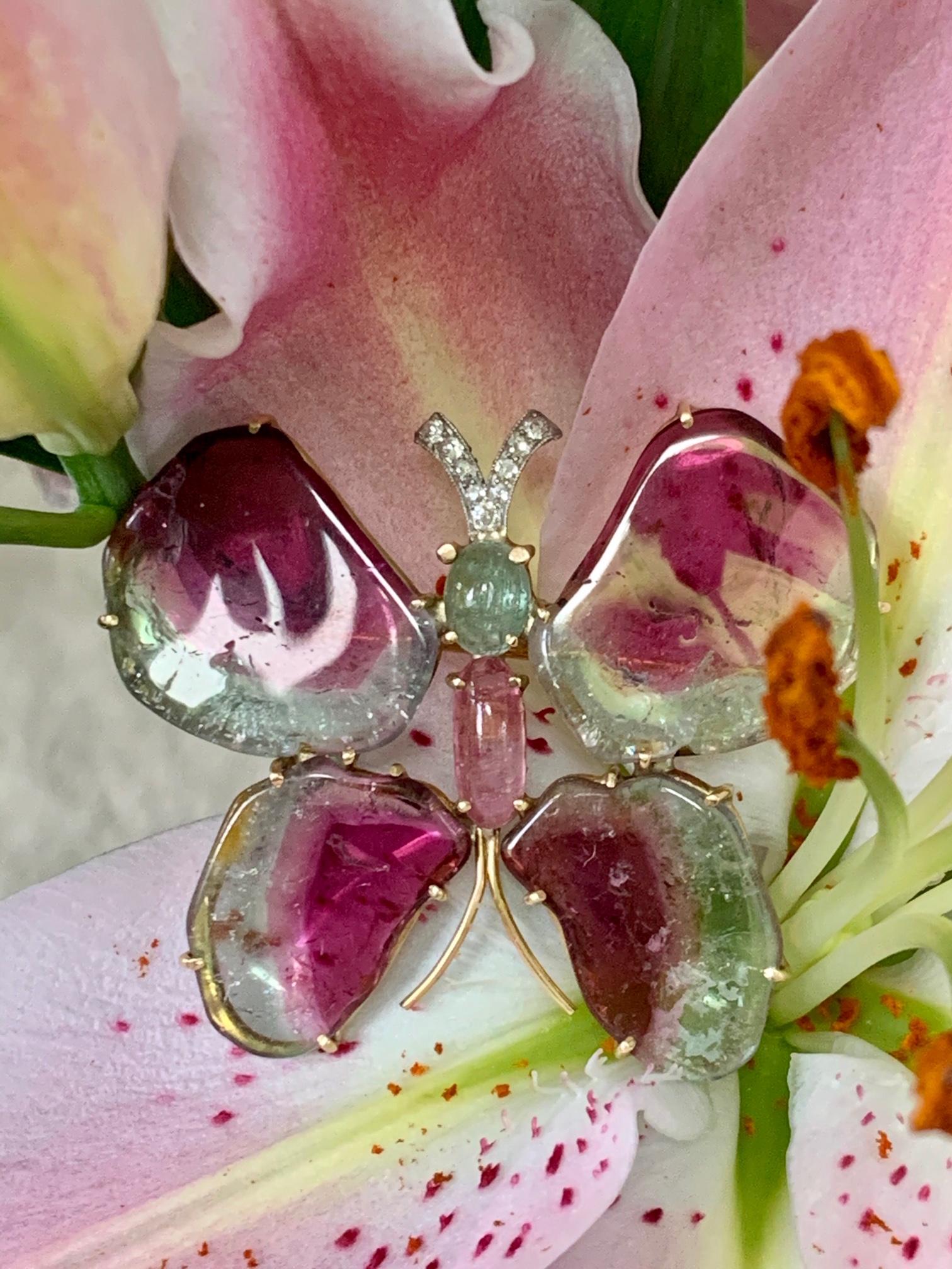 Cabochon Tourmaline Butterfly 14 Karat White and Yellow Gold Brooch