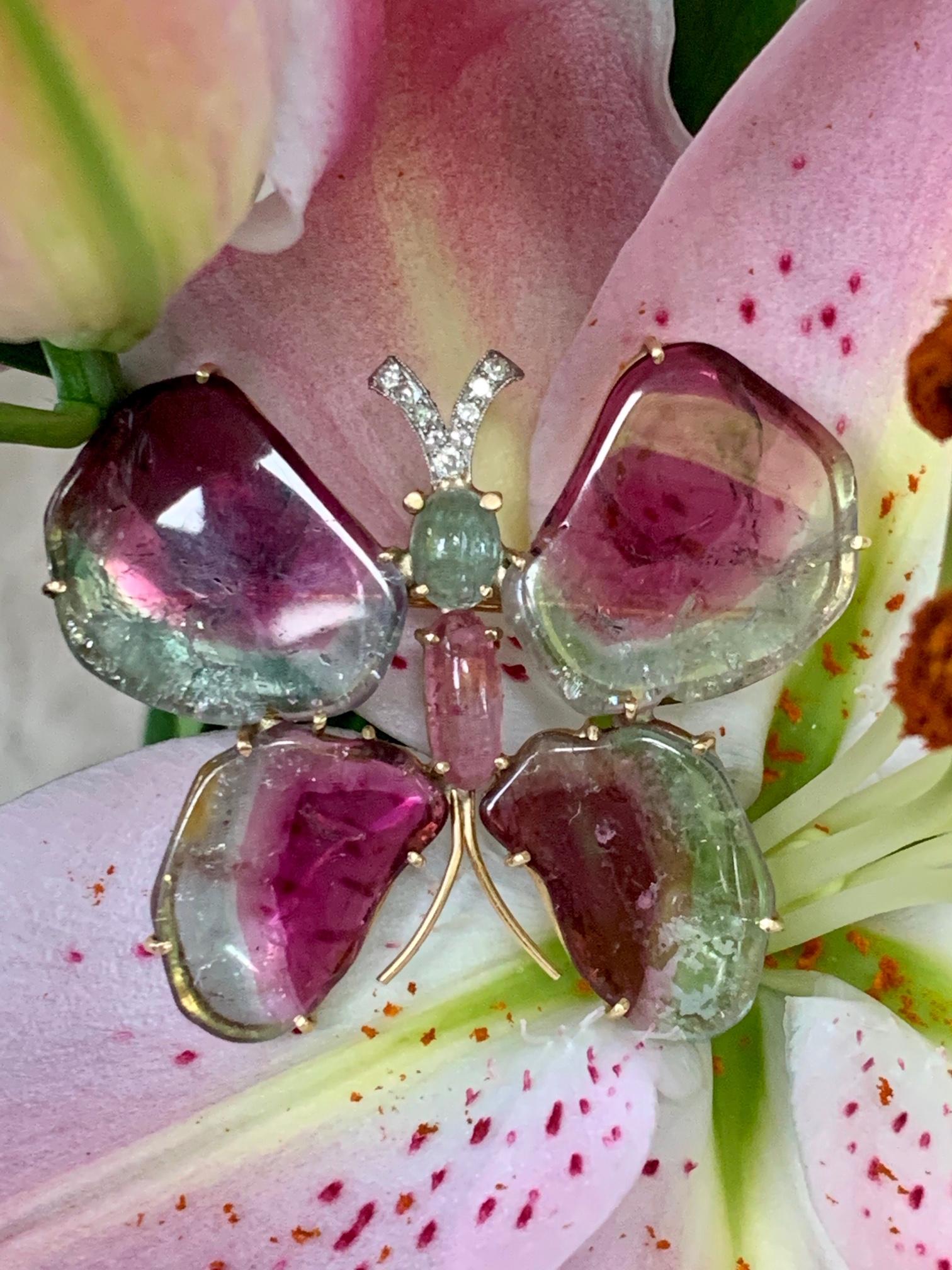 Tourmaline Butterfly 14 Karat White and Yellow Gold Brooch In Excellent Condition In St. Louis Park, MN