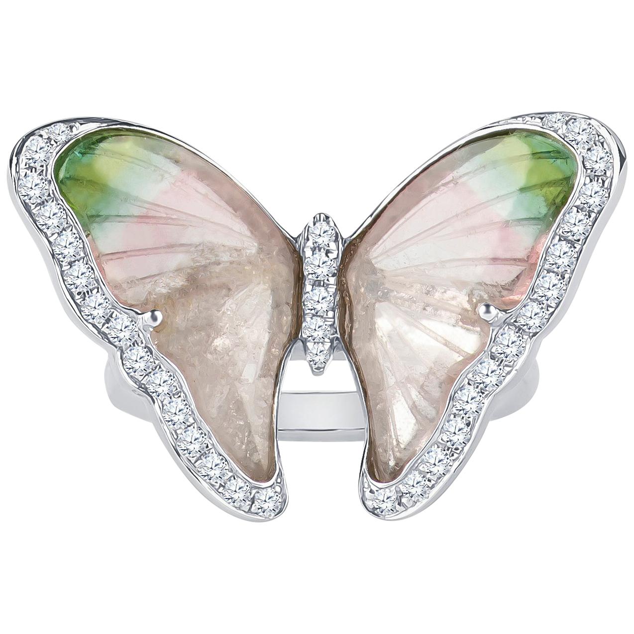 Tourmaline Butterfly Ring with 0.25 Carat Round Brilliant Cut Diamond Accents