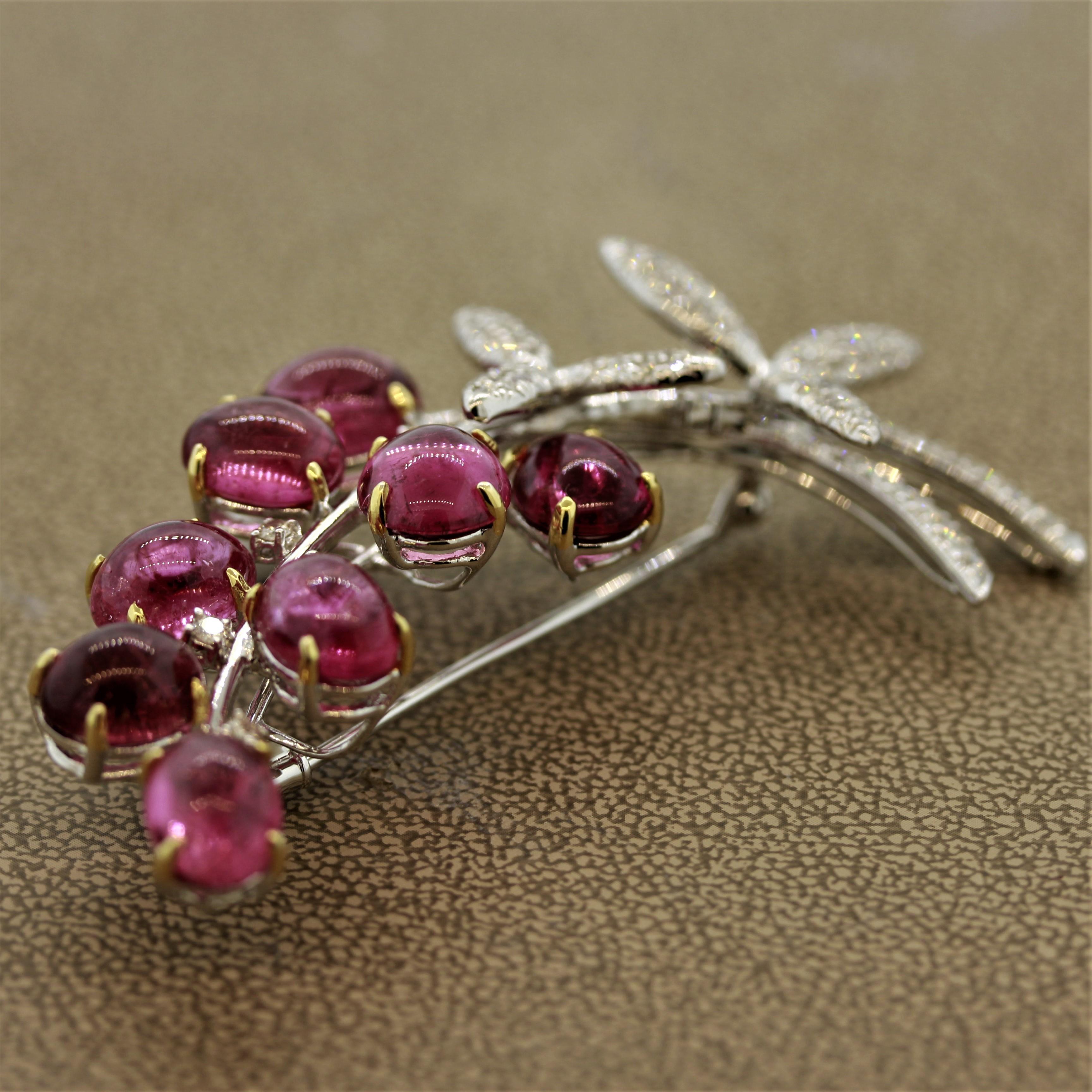 Tourmaline Cabochon “Berries” Diamond Gold Brooch For Sale 2