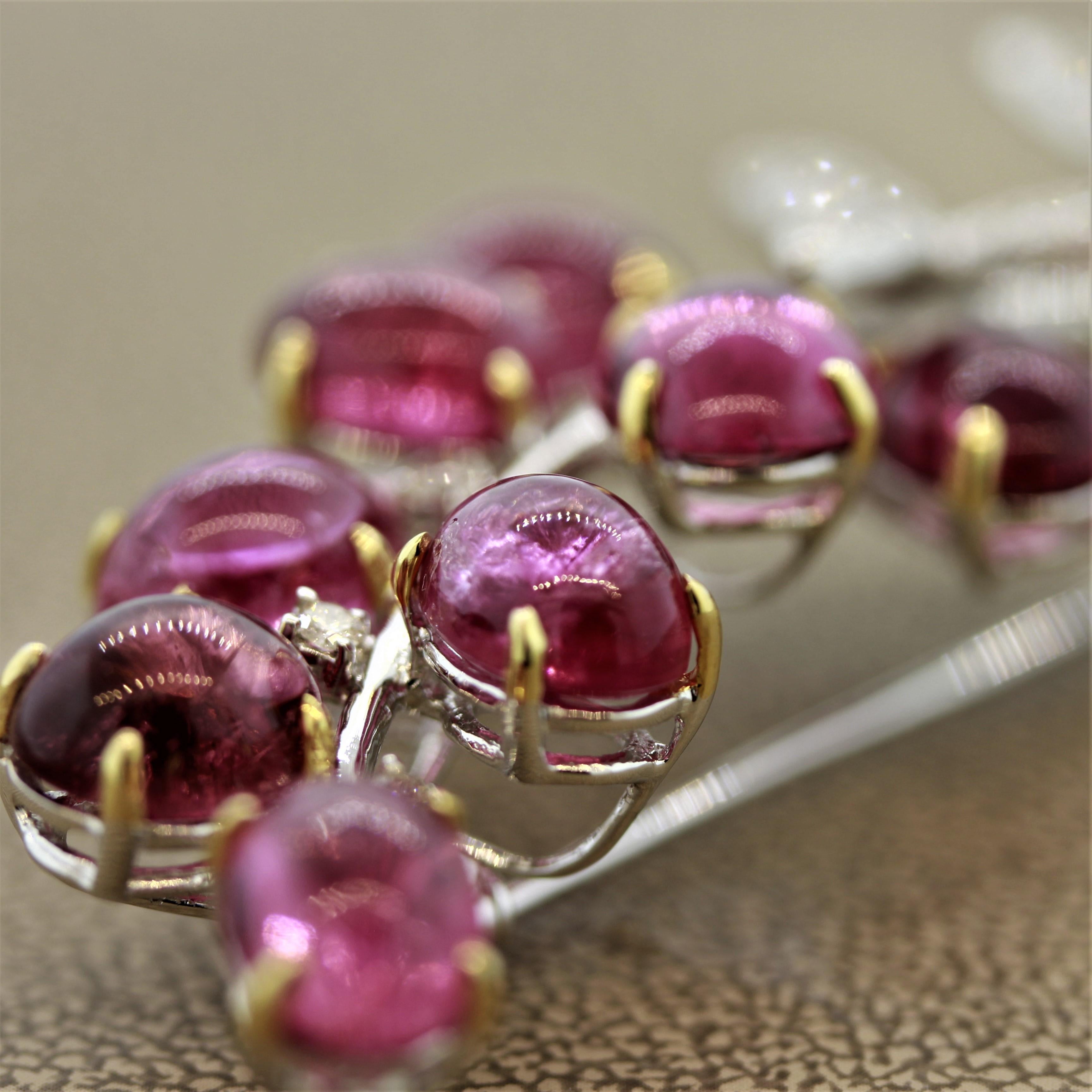 Tourmaline Cabochon “Berries” Diamond Gold Brooch For Sale 3