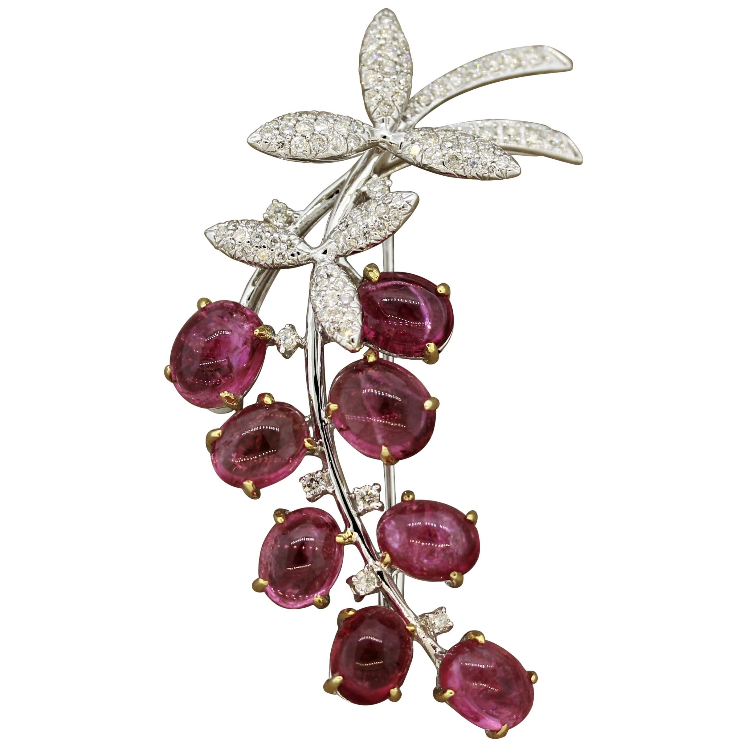 Tourmaline Cabochon “Berries” Diamond Gold Brooch For Sale