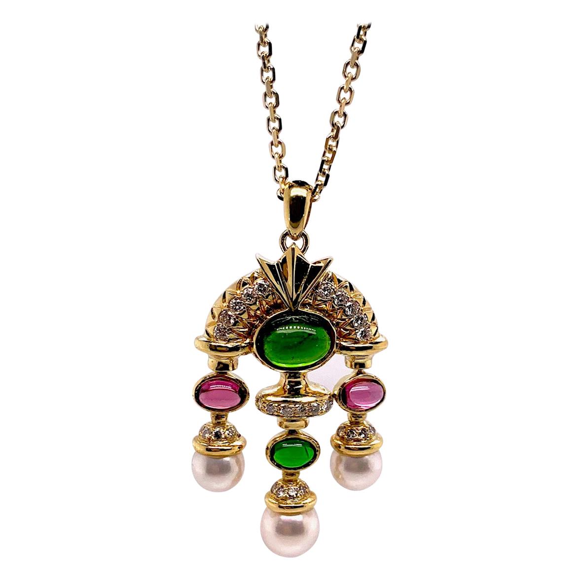 Tourmaline Cabochon, Diamond and Pearl Pendant Necklace For Sale