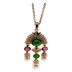 Tourmaline Cabochon, Diamond and Pearl Pendant Necklace