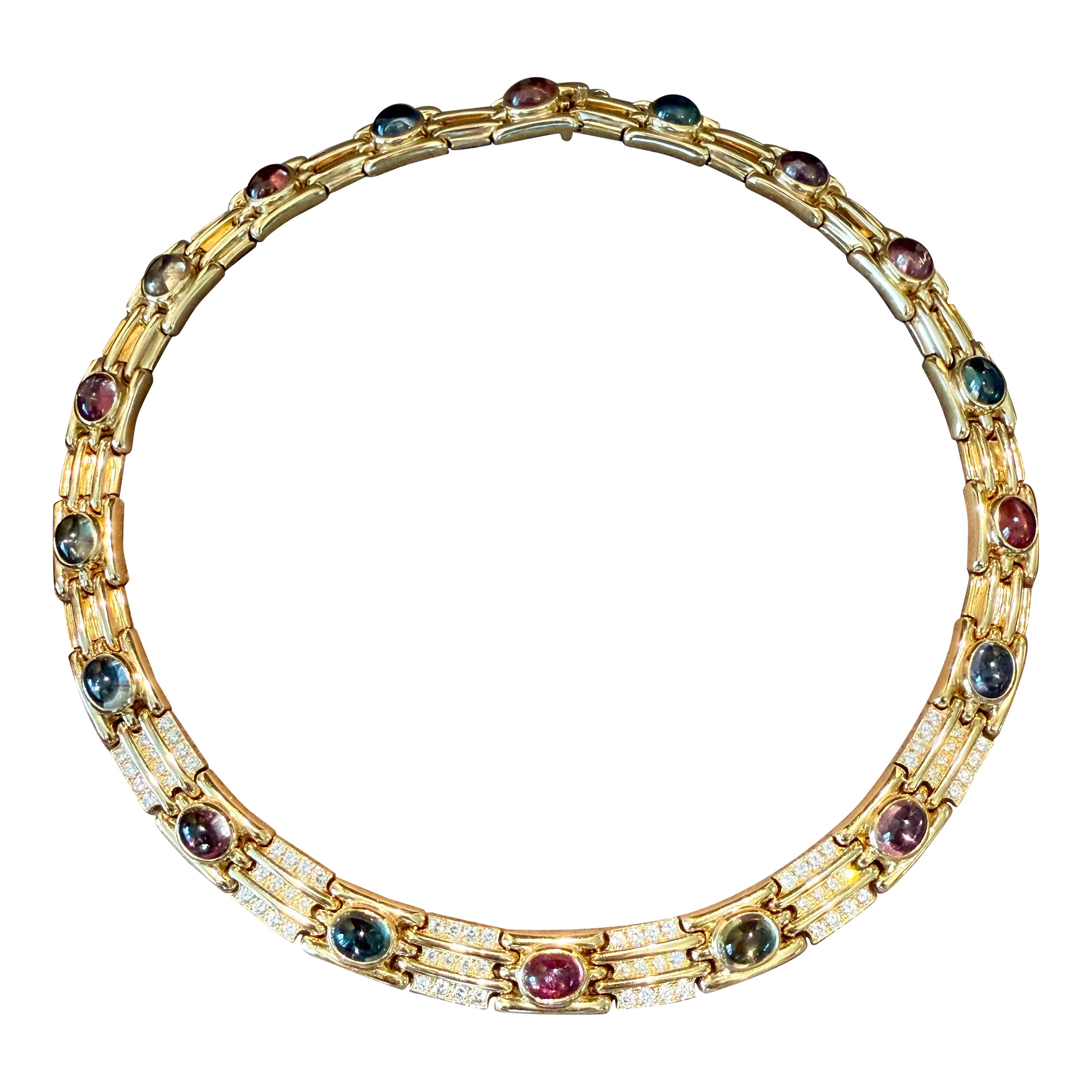Tourmaline Cabochon & Diamond Ridged Choker Necklace 18 K yellow Gold Gubelin
