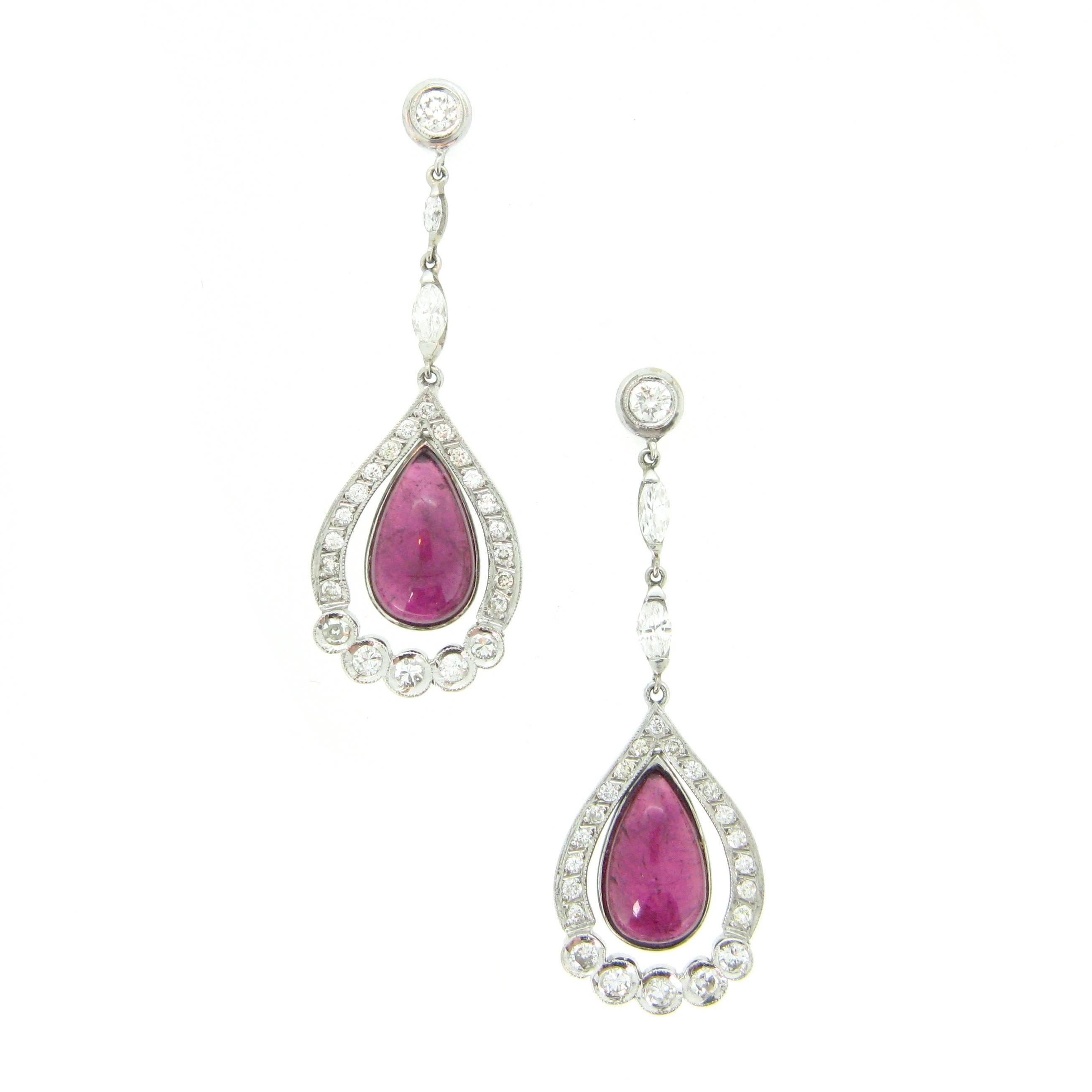 Tourmaline Cabochon Diamonds White Gold Dangle Drop Earrings