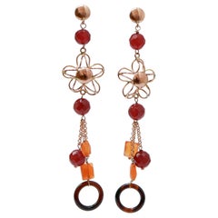 Tourmaline, Carnelian, Onyx, Rose Gold Earrings.