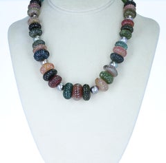 Tourmaline Carved Beads Necklace with Tahitian Pearls and Emerald Clasp