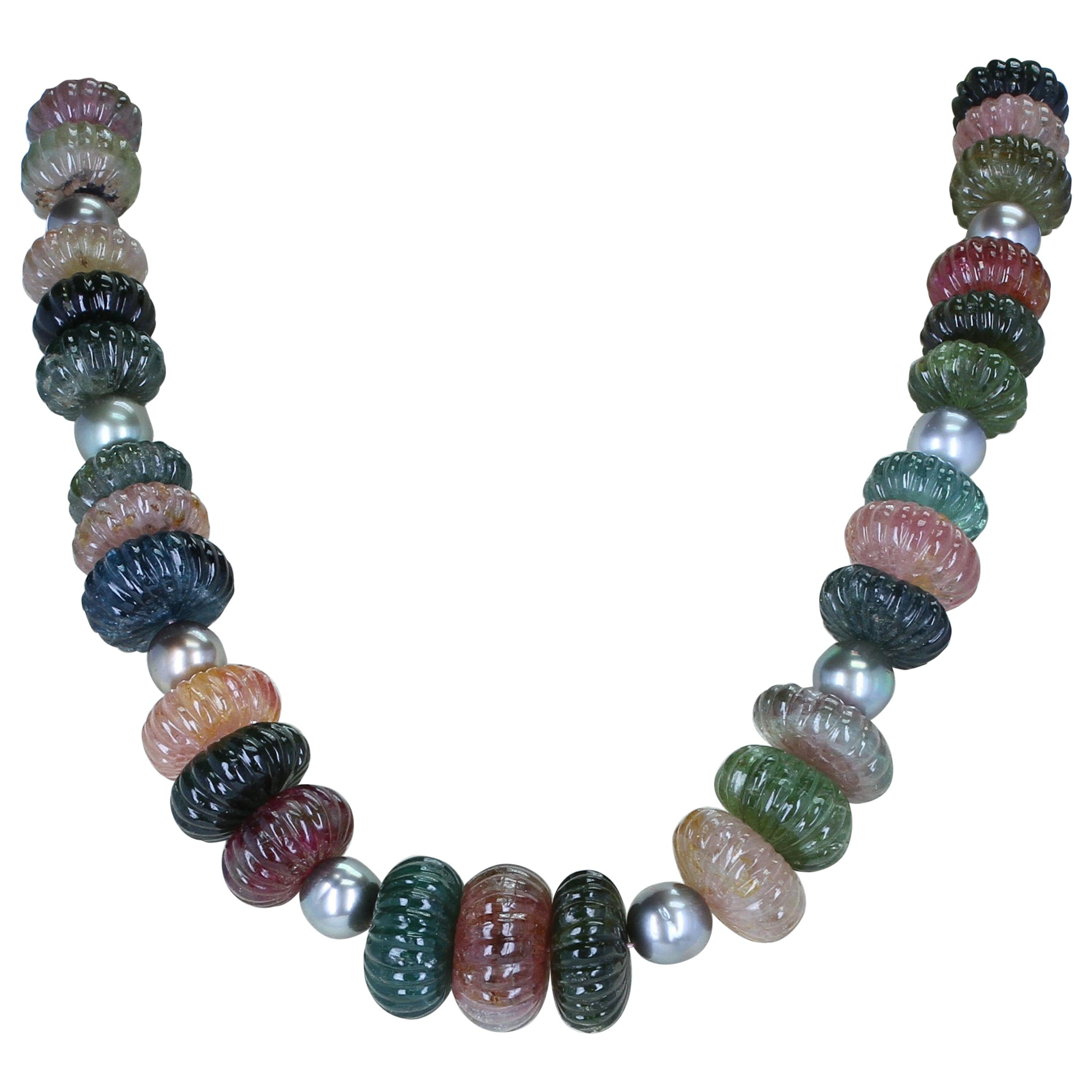 Tourmaline Carved Beads Necklace with Tahitian Pearls and Emerald Clasp For Sale