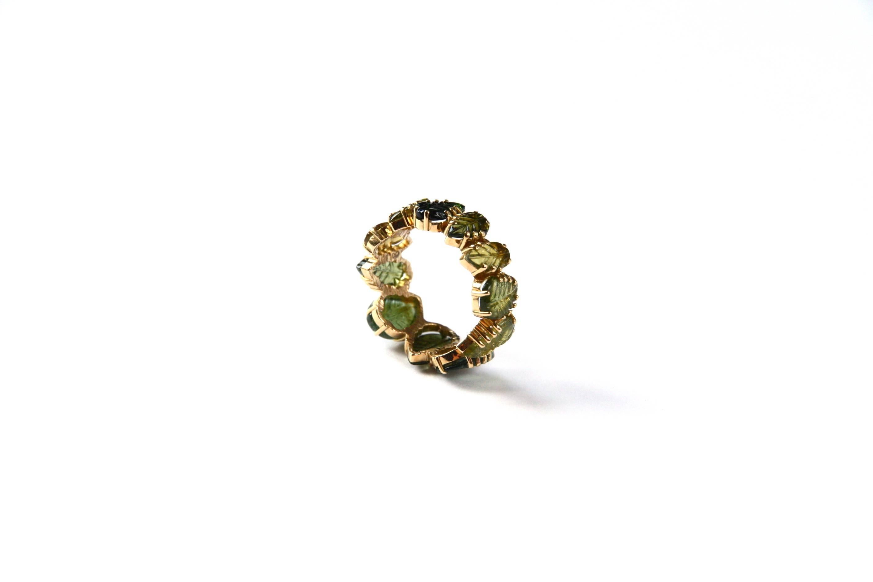 Artisan Tourmaline Carved Leaf 18 Karat Gold Band Ring For Sale